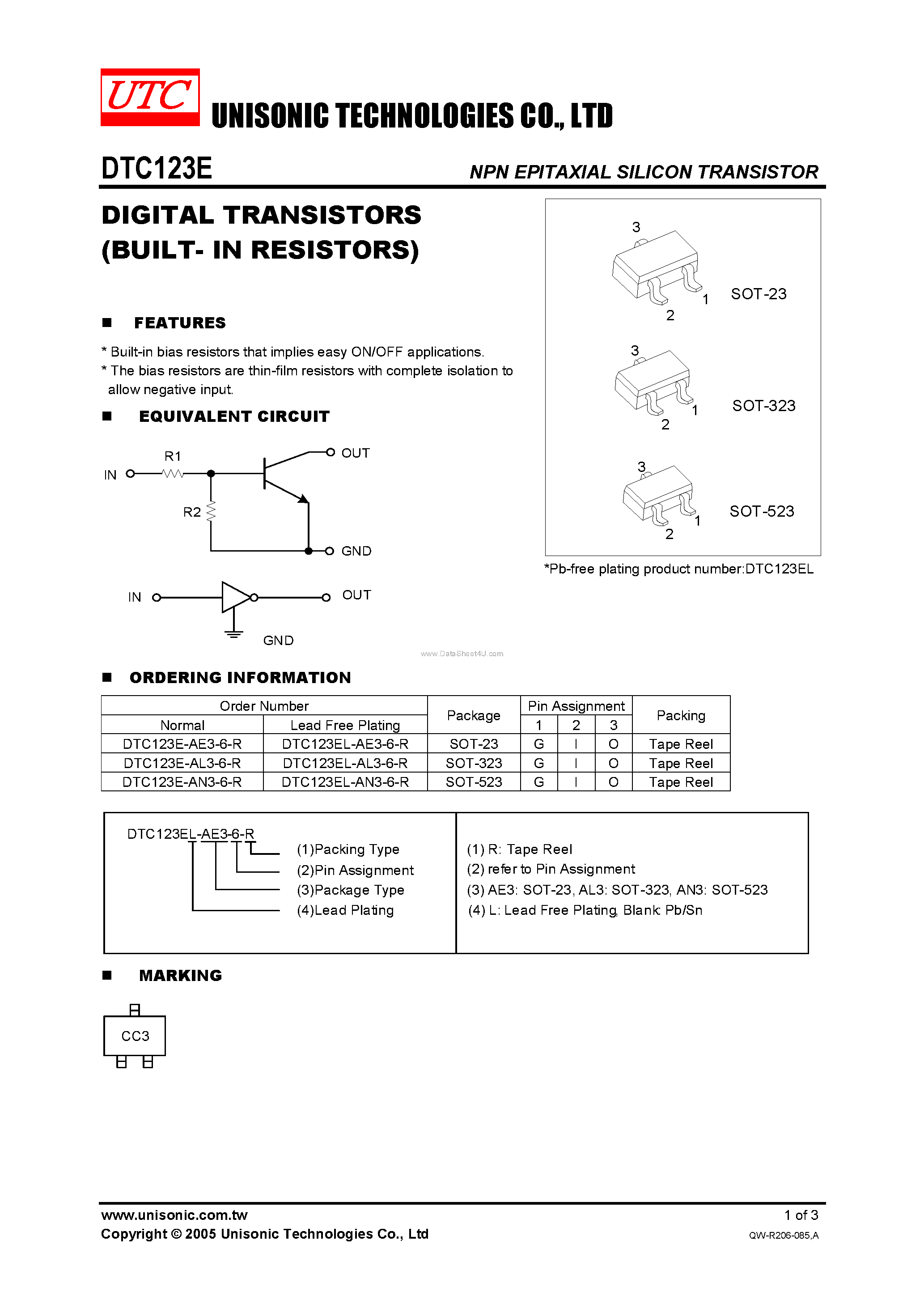 Datasheet DTC123E page 1 Datasheet DTC123E - DIGITAL TRANSISTORS page 1