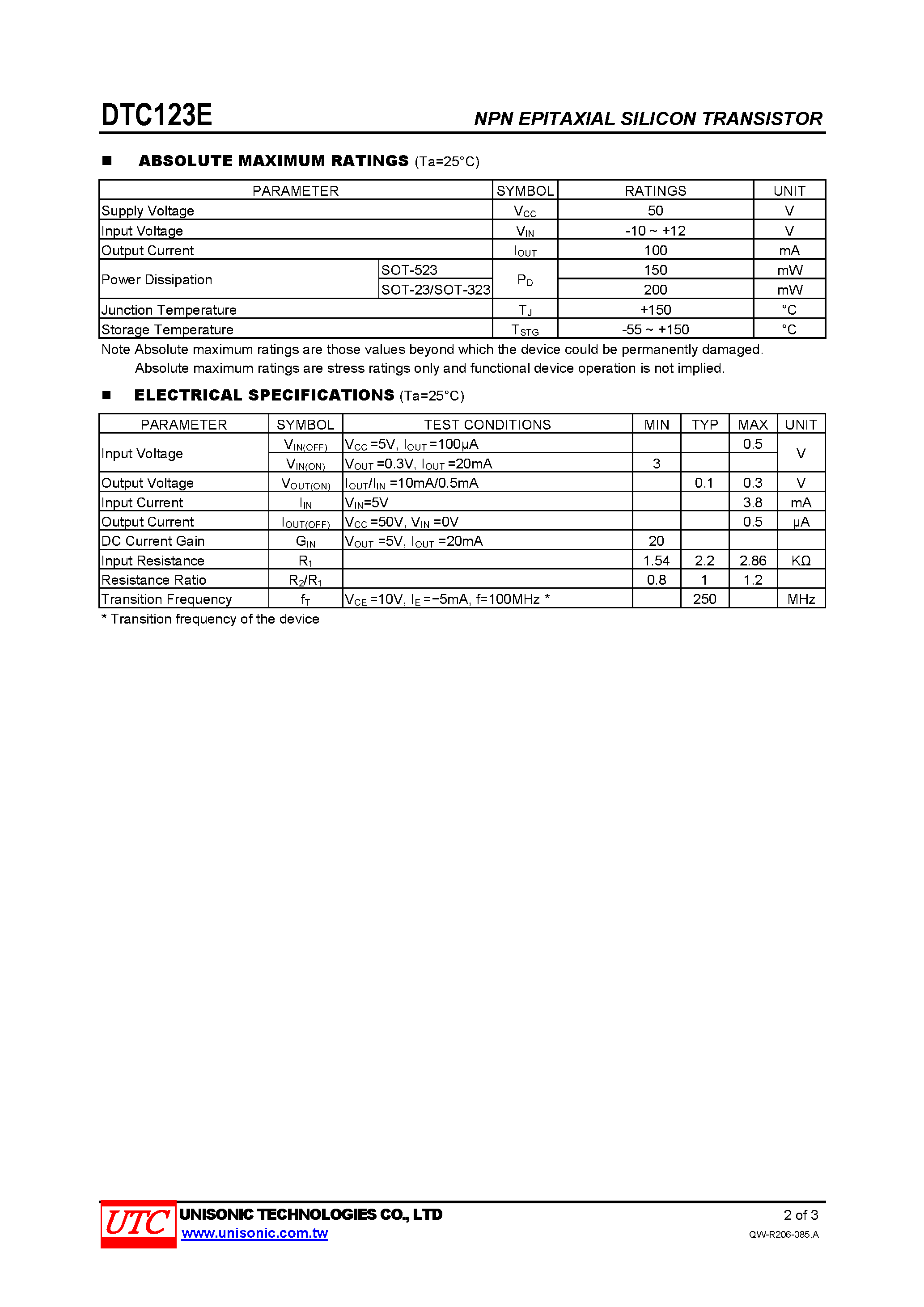 Datasheet DTC123E page 2 Datasheet DTC123E - DIGITAL TRANSISTORS page 2