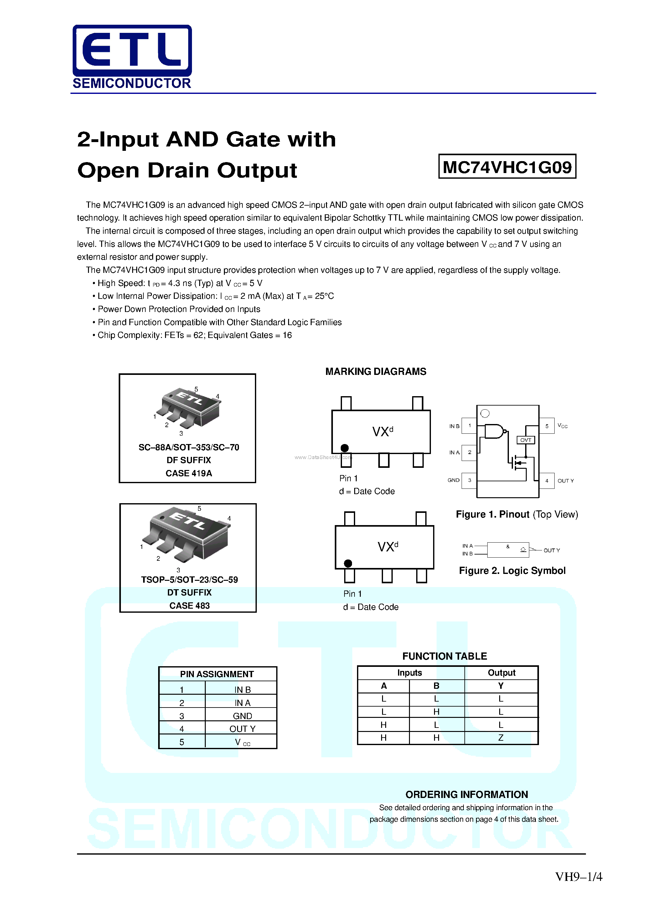Datasheet MC74VHC1G09 page 1 Datasheet MC74VHC1G09 - 2-Input AND Gate page 1
