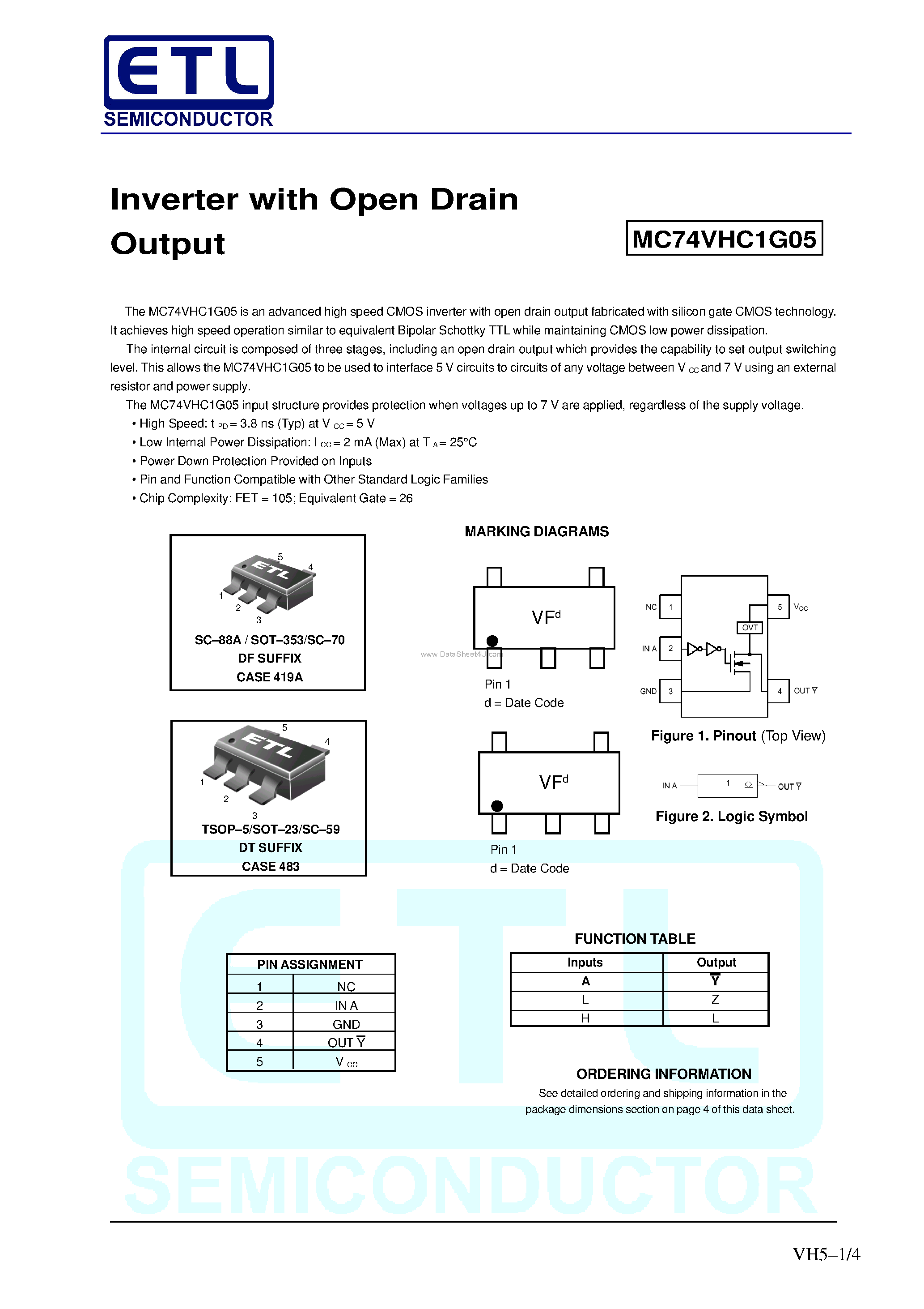 Datasheet MC74VHC1G05 page 1 Datasheet MC74VHC1G05 - Inverter page 1