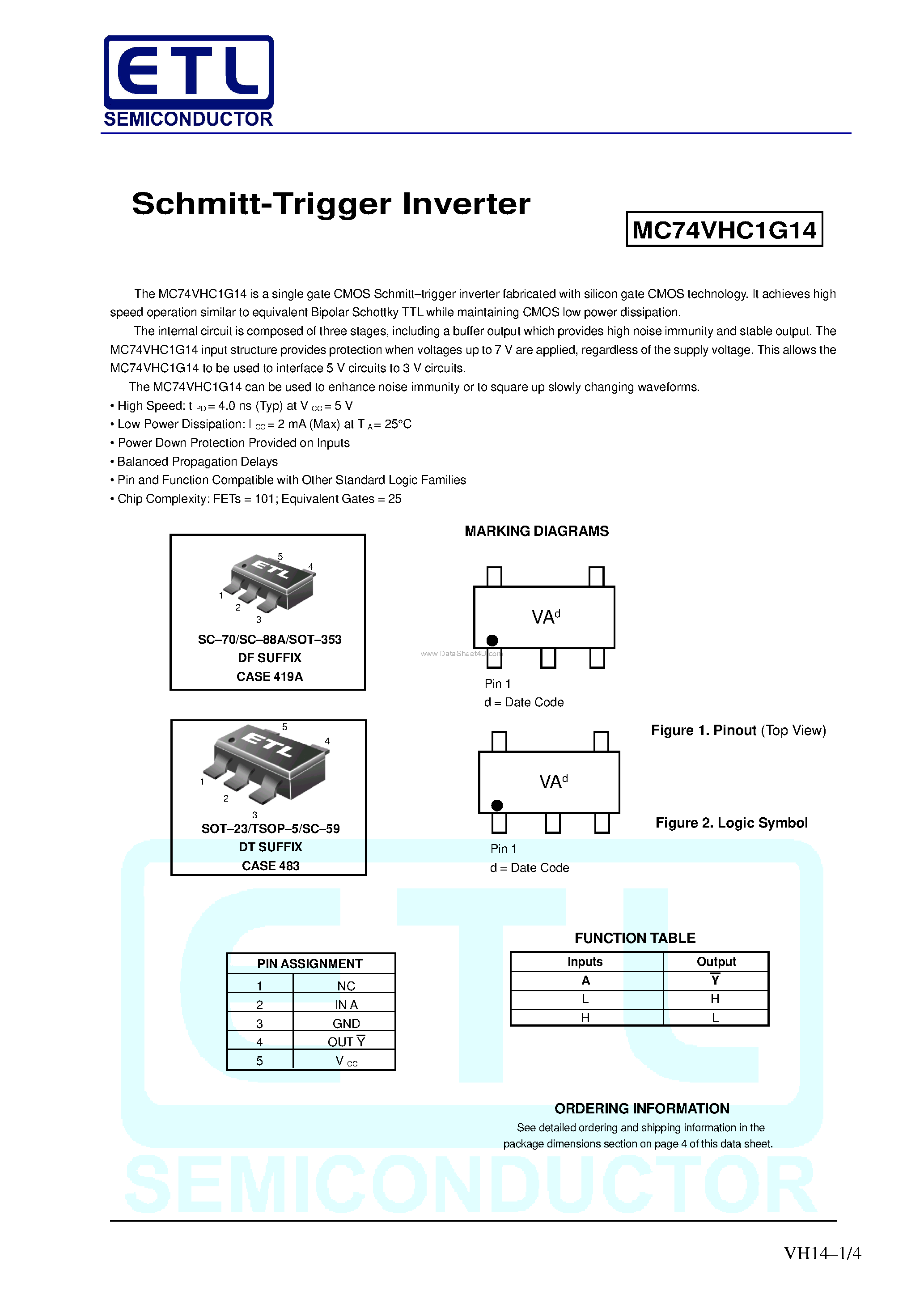 Datasheet MC74VHC1G14 page 1 Datasheet MC74VHC1G14 - Schmitt-Trigger Inverter page 1