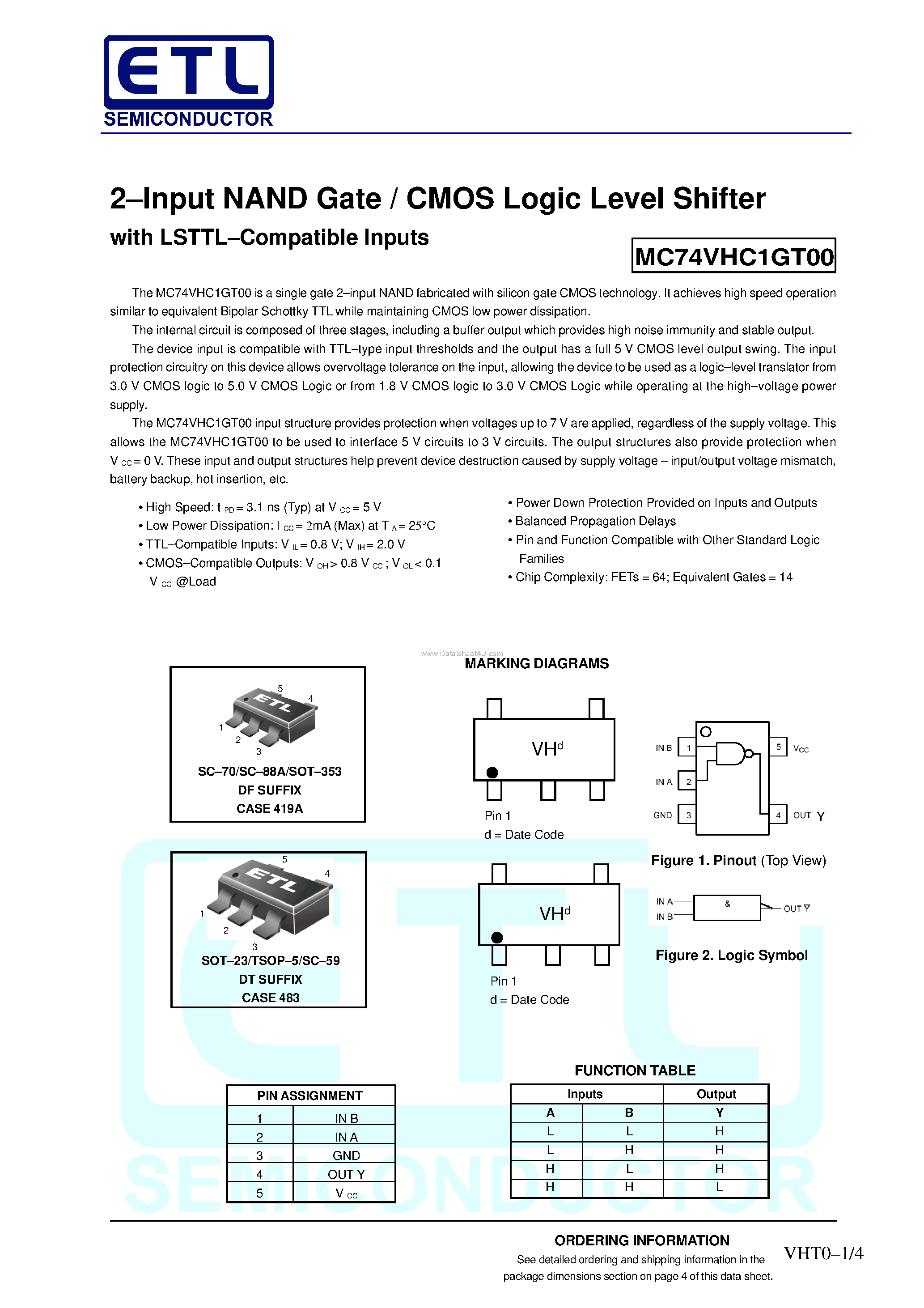 Datasheet MC74VHC1GT00 - 2-Input NAND Gate / CMOS Logic Level Shifter page 1