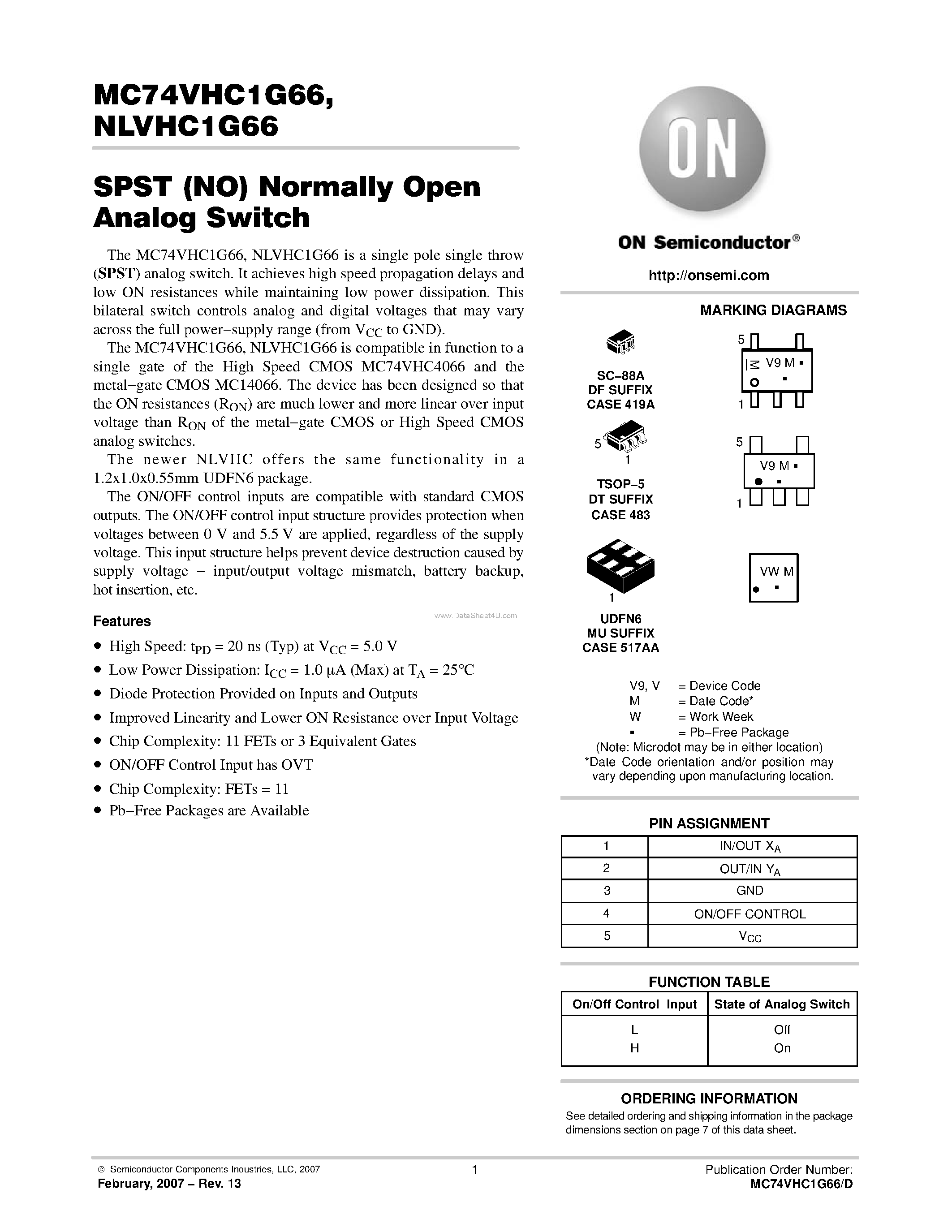 Datasheet NLVHC1G66 page 1 Datasheet NLVHC1G66 - SPST (NO) Normally Open Analog Switch page 1