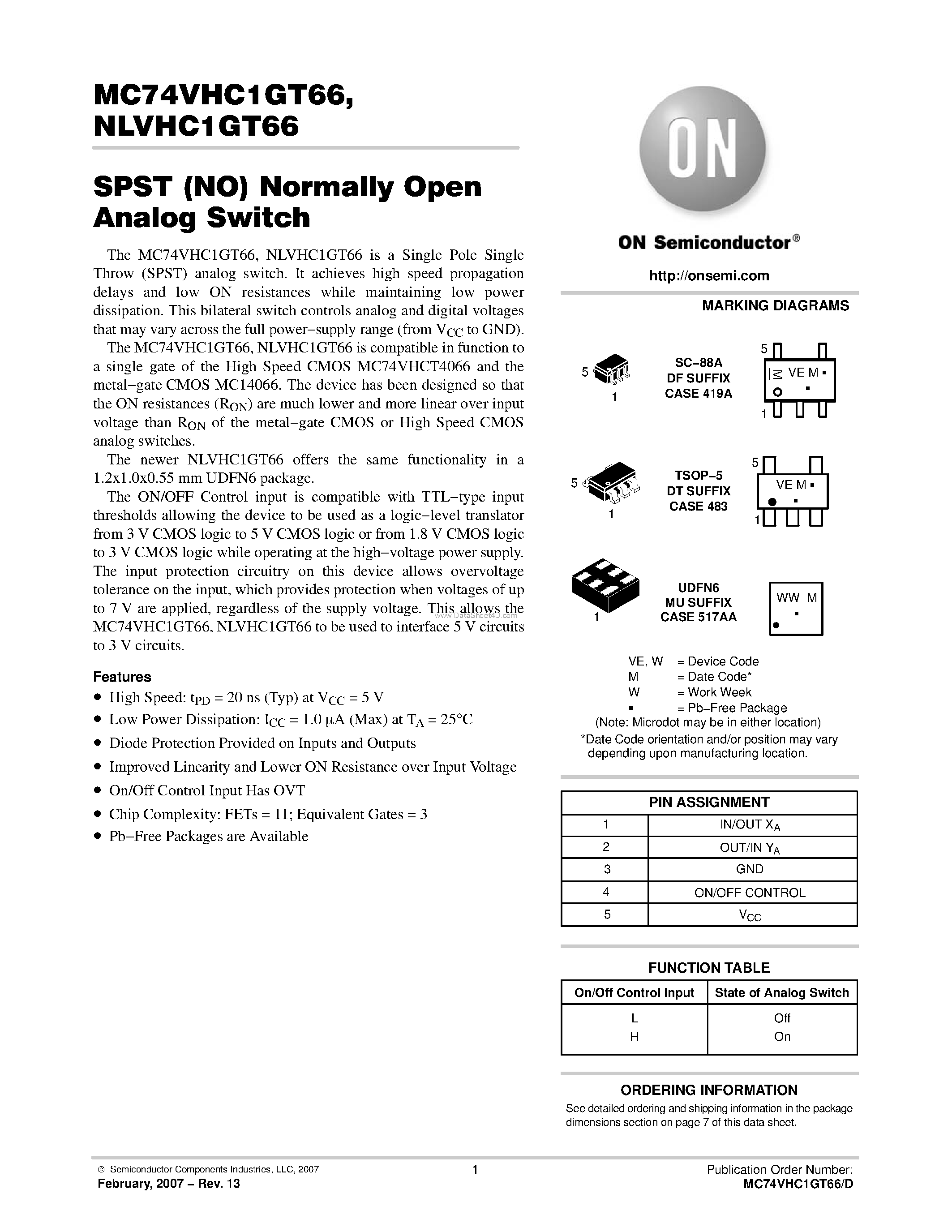 Datasheet NLVHC1GT66 - SPST (NO) Normally Open Analog Switch page 1
