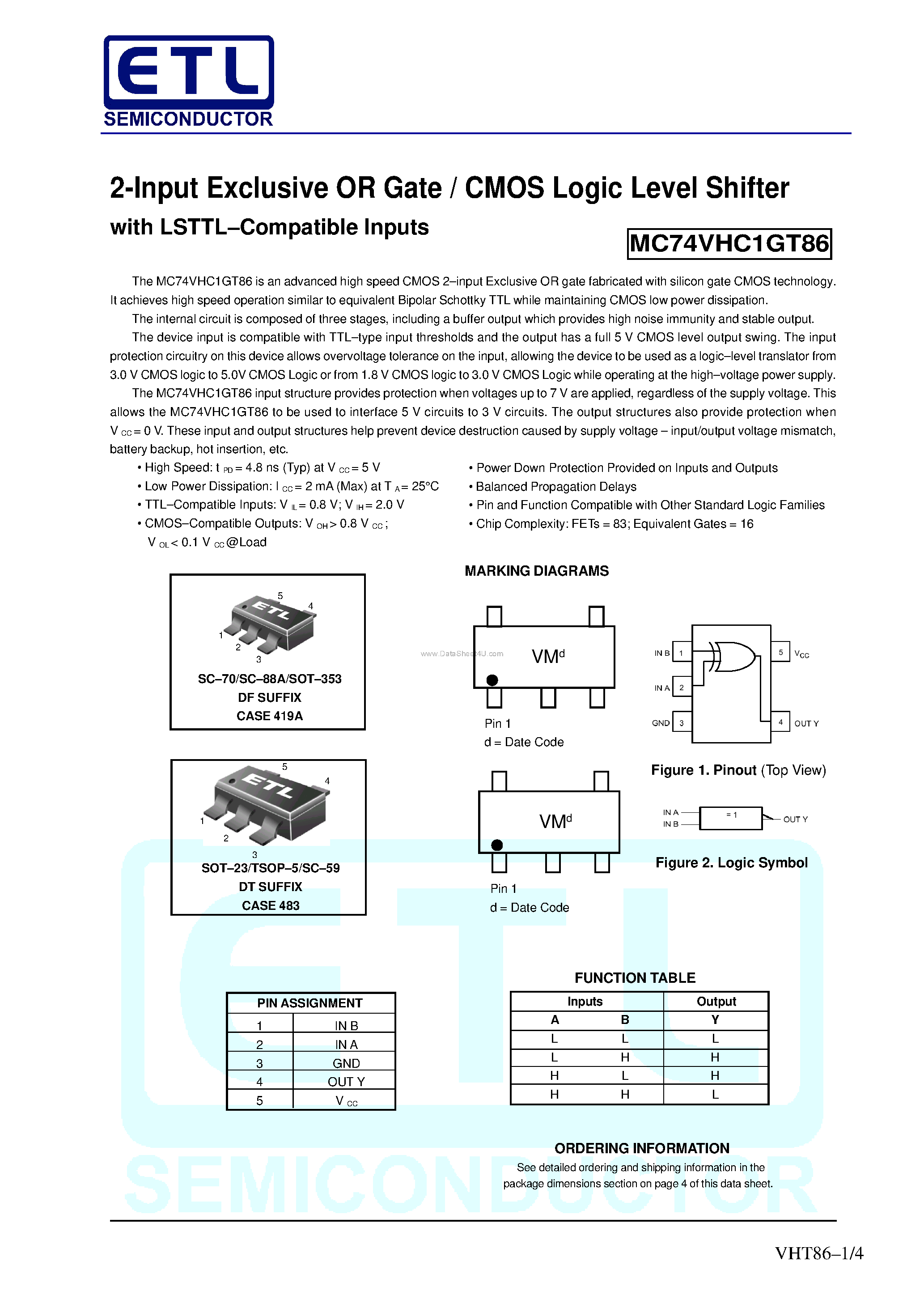 Datasheet MC74VHC1GT86 - 2-Input Exclusive OR Gate / CMOS Logic Level Shifter page 1