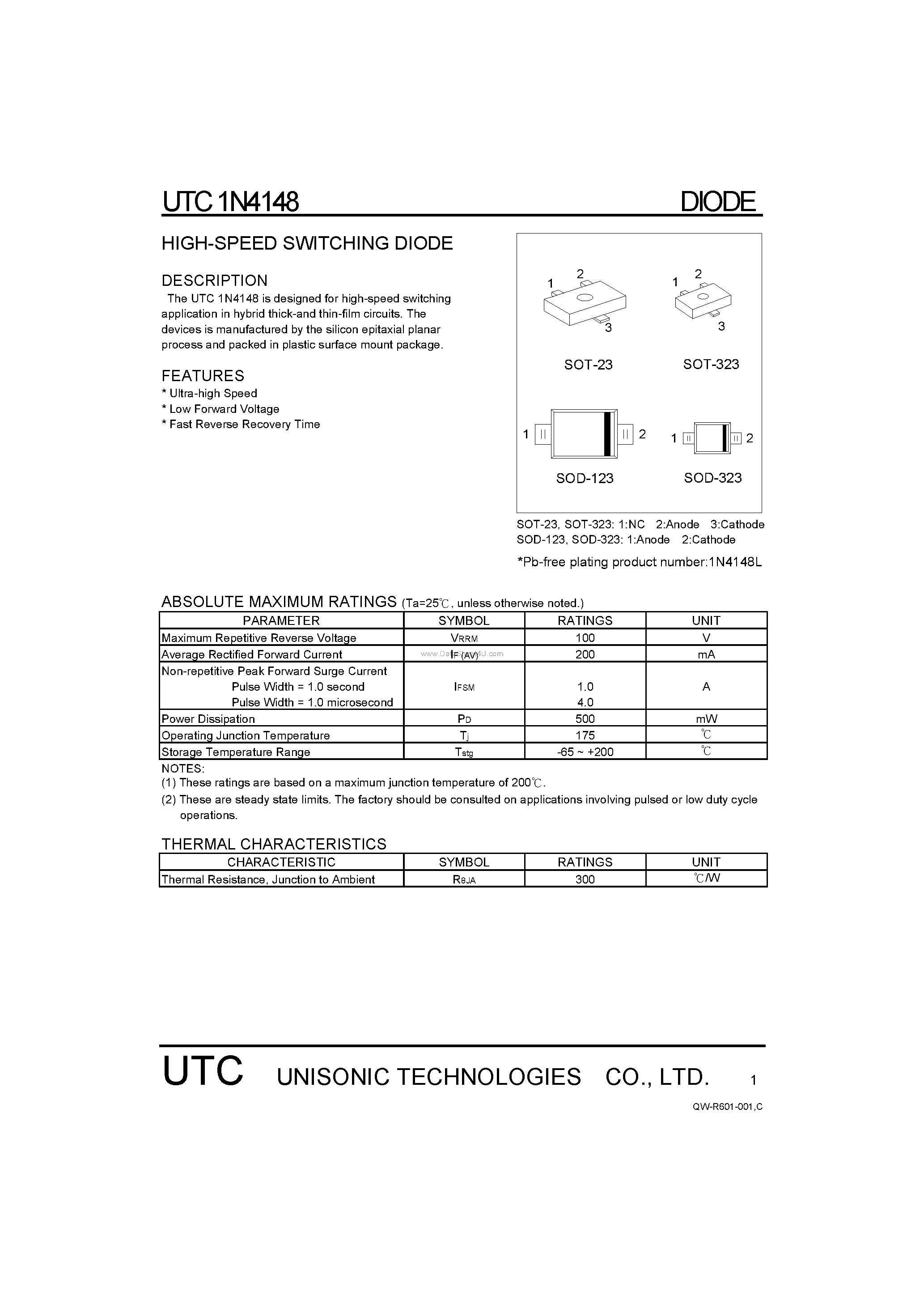 Datasheet 1N4148 - HIGH-SPEED SWITCHING DIODE page 1