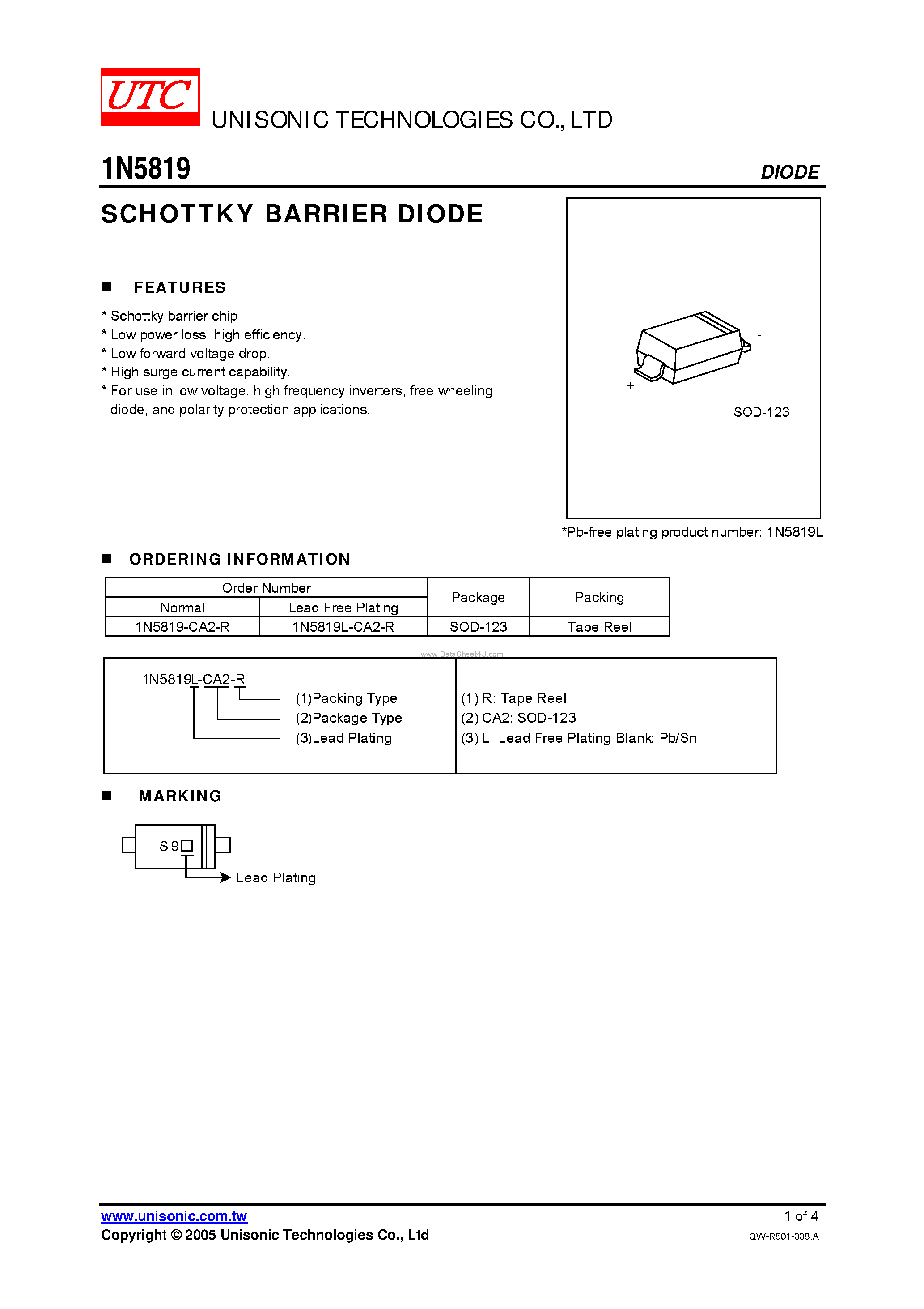 Datasheet 1N5819 - SCHOTTKY BARRIER DIODE page 1