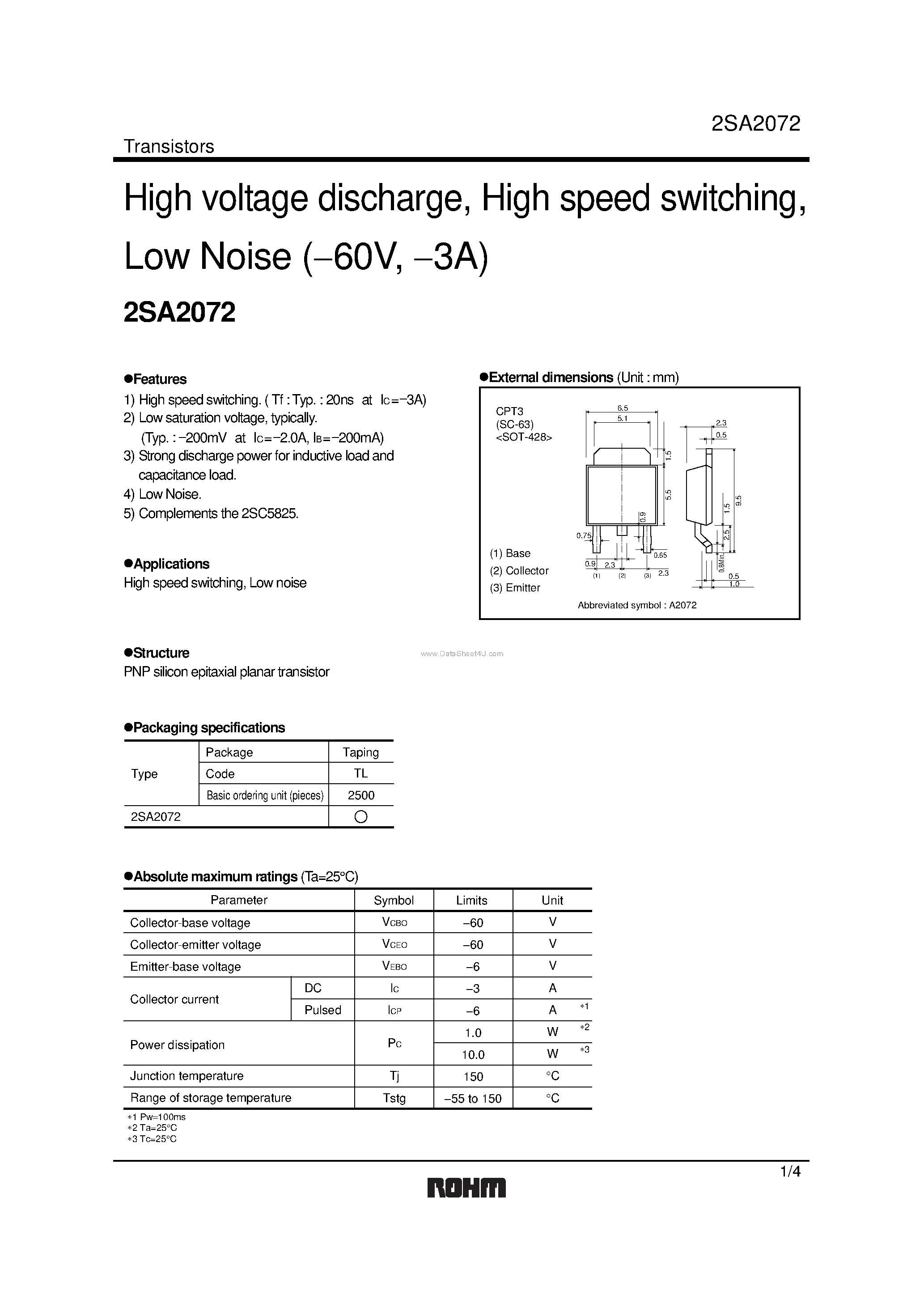 Datasheet 2SA2072 page 1 Datasheet 2SA2072 - High voltage discharge / High speed switching / Low Noise page 1