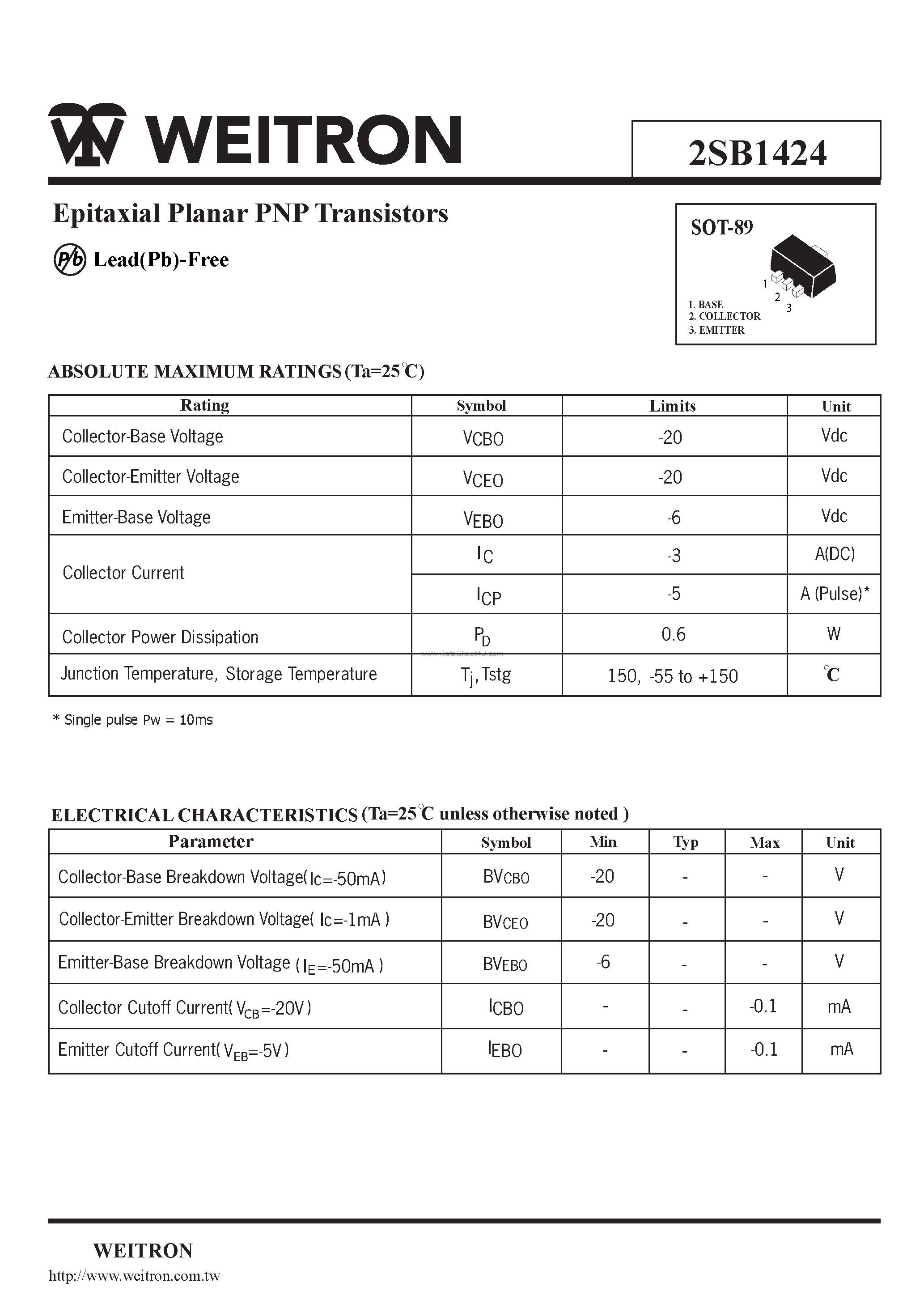Даташит 2SB1424 - Epitaxial Planar PNP Transistors страница 1