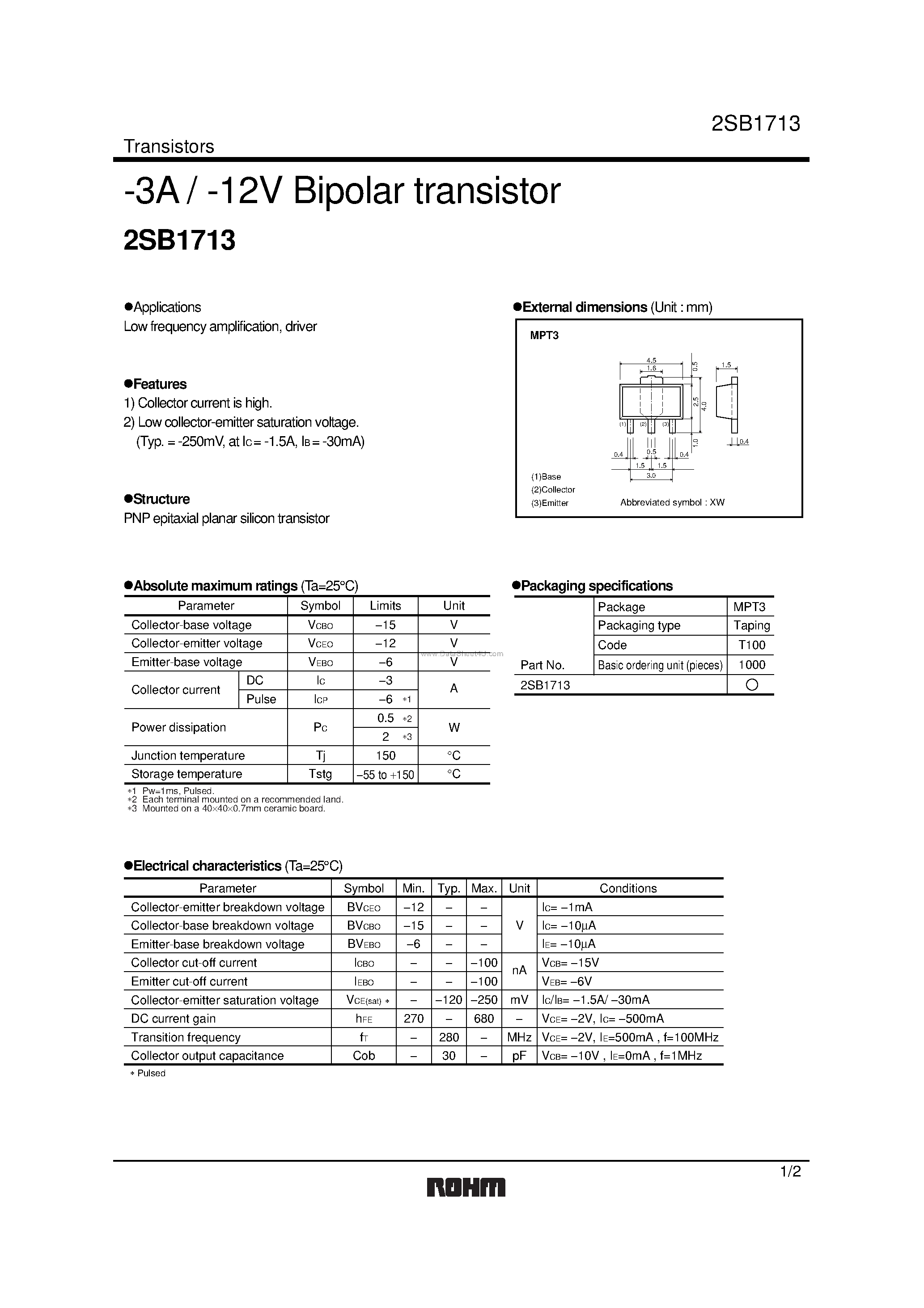 Datasheet 2SB1713 page 1 Datasheet 2SB1713 - Bipolar transistor page 1