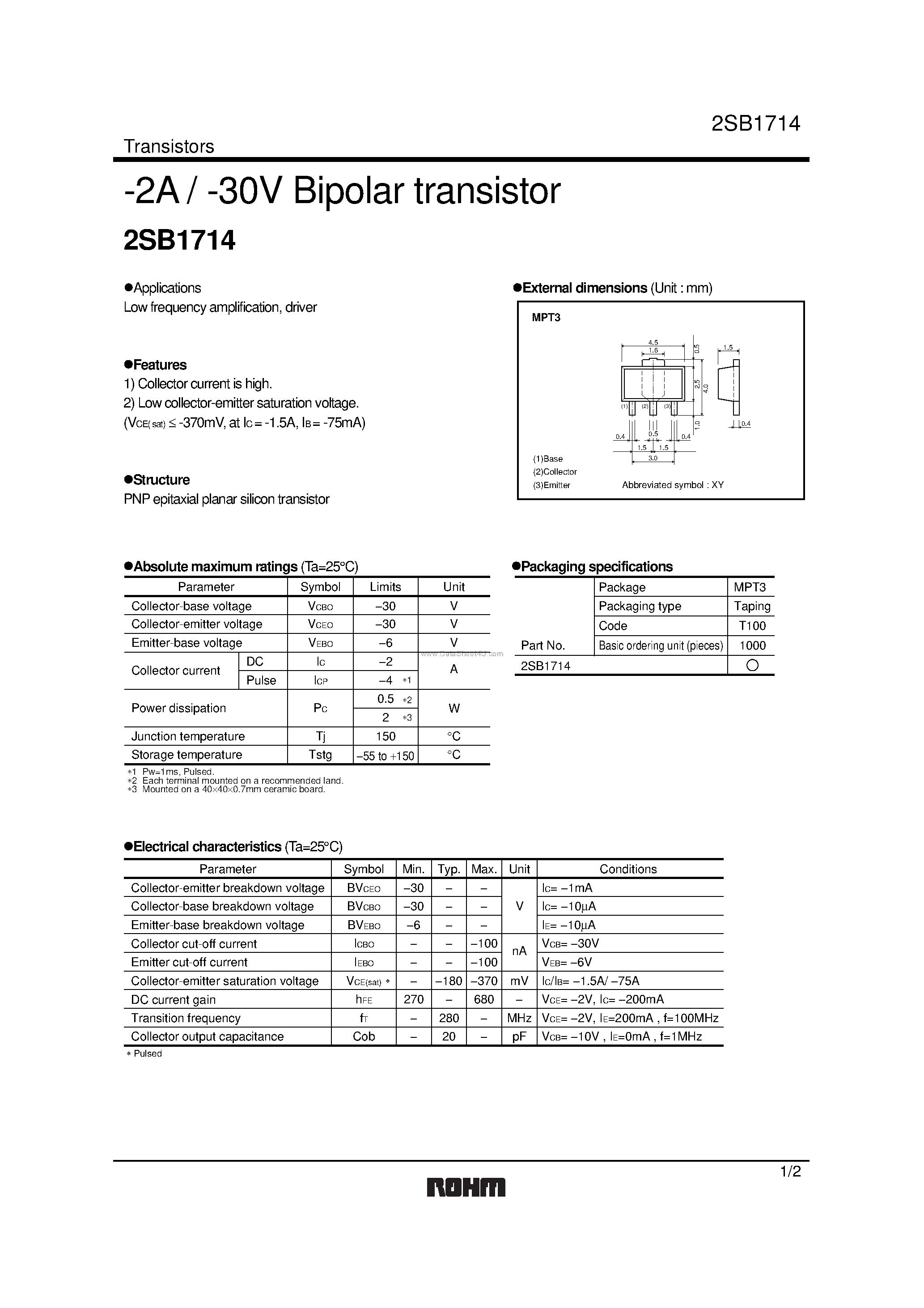 Datasheet 2SB1714 page 1 Datasheet 2SB1714 - Bipolar transistor page 1