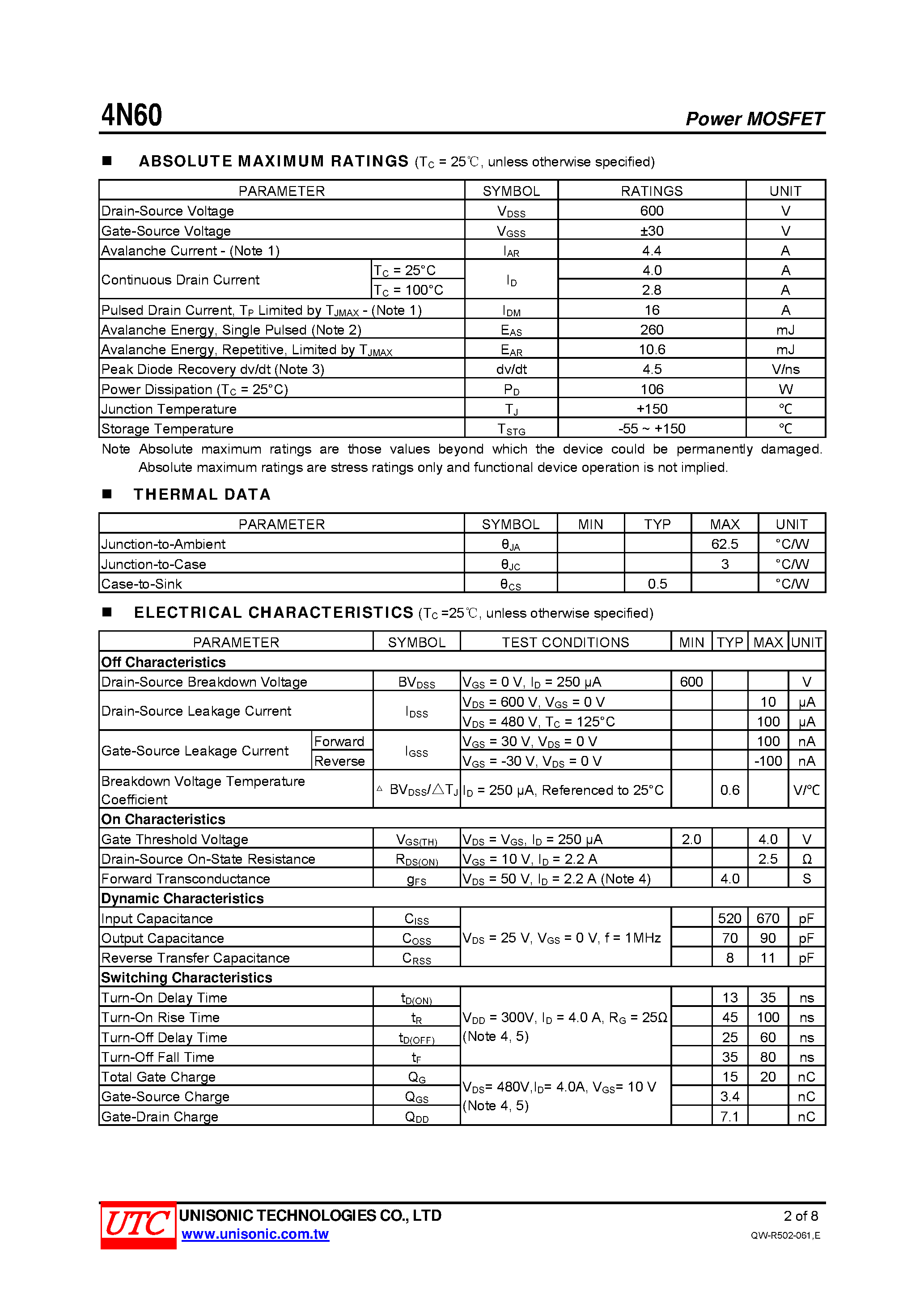 Даташит на микросхему 4N60 страница 2 Даташит 4N60 - N-CHANNEL POWER MOSFET страница 2