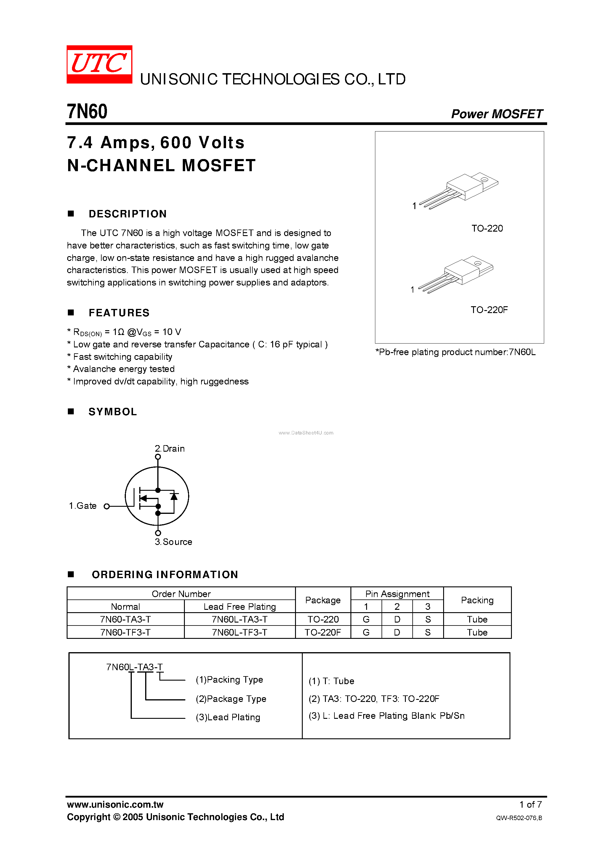 Даташит на микросхему 7N60 страница 1 Даташит 7N60 - N-CHANNEL MOSFET страница 1