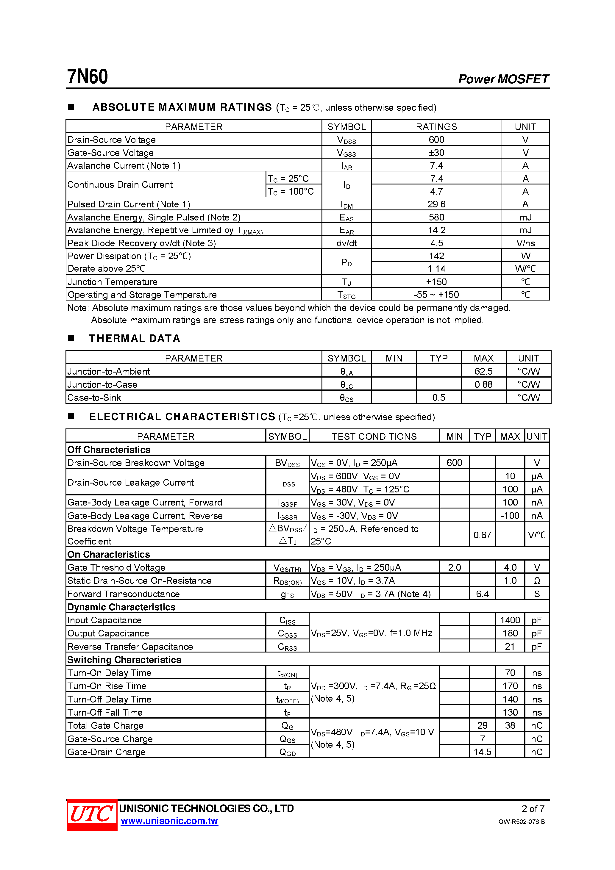 Даташит на микросхему 7N60 страница 2 Даташит 7N60 - N-CHANNEL MOSFET страница 2