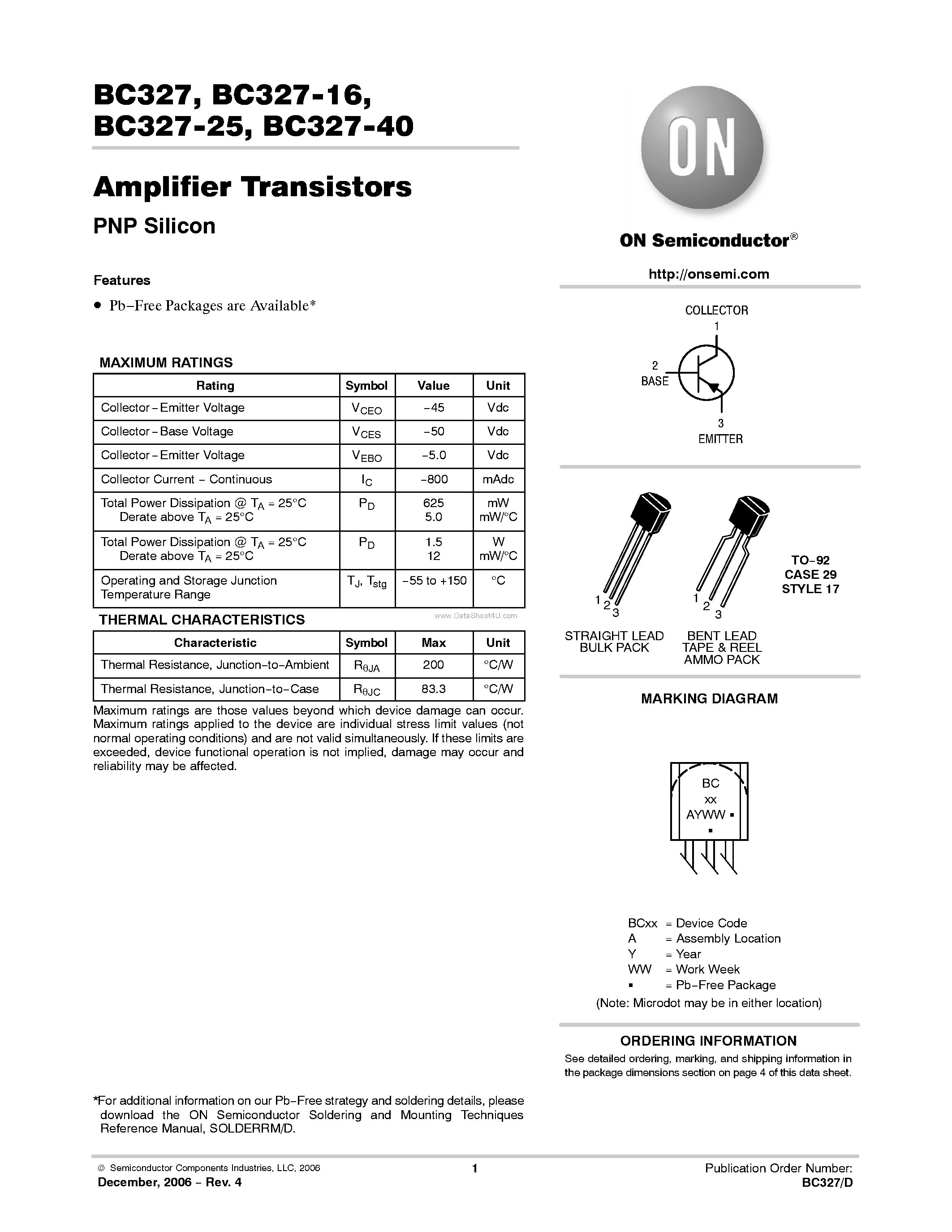 Даташит на микросхему BC327 страница 1 Даташит BC327 - Amplifier Transistors(PNP Silicon) страница 1