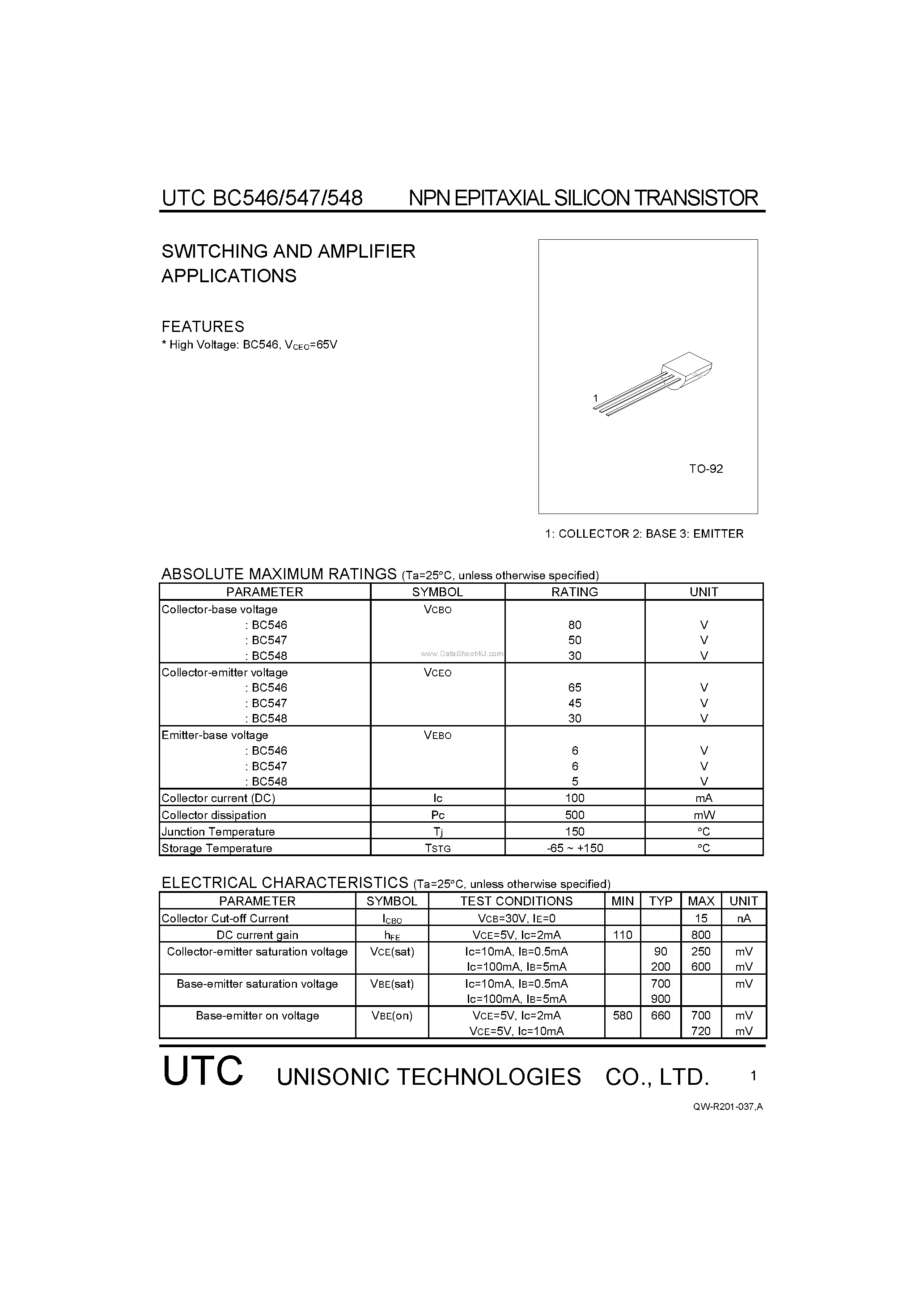 Даташит на микросхему BC546 страница 1 Даташит BC546 - (BC546 - BC548) SWITCHING AND AMPLIFIER APPLICATIONS страница 1