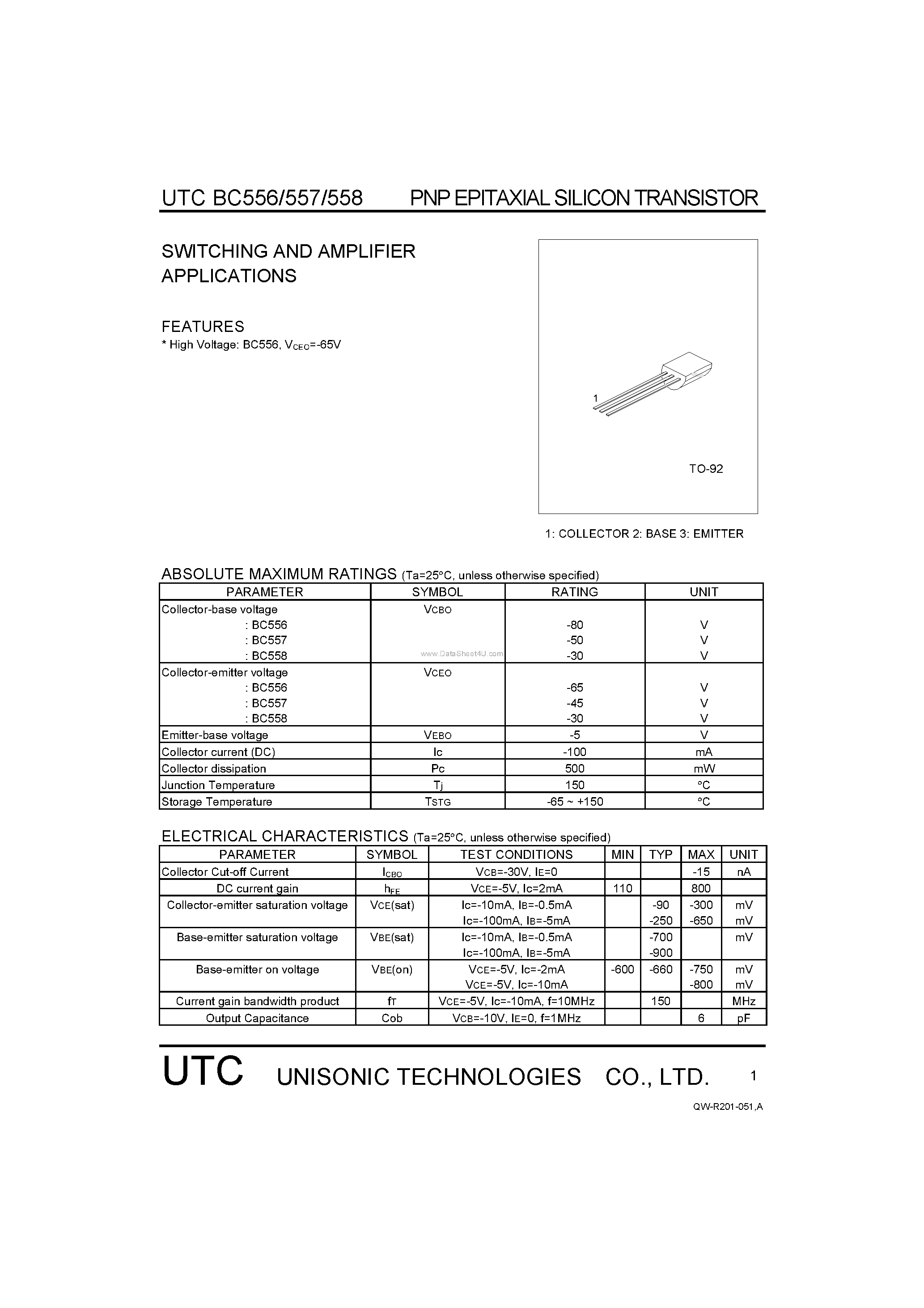 Даташит BC556 - (BC556 - BC558) SWITCHING AND AMPLIFIER APPLICATIONS страница 1