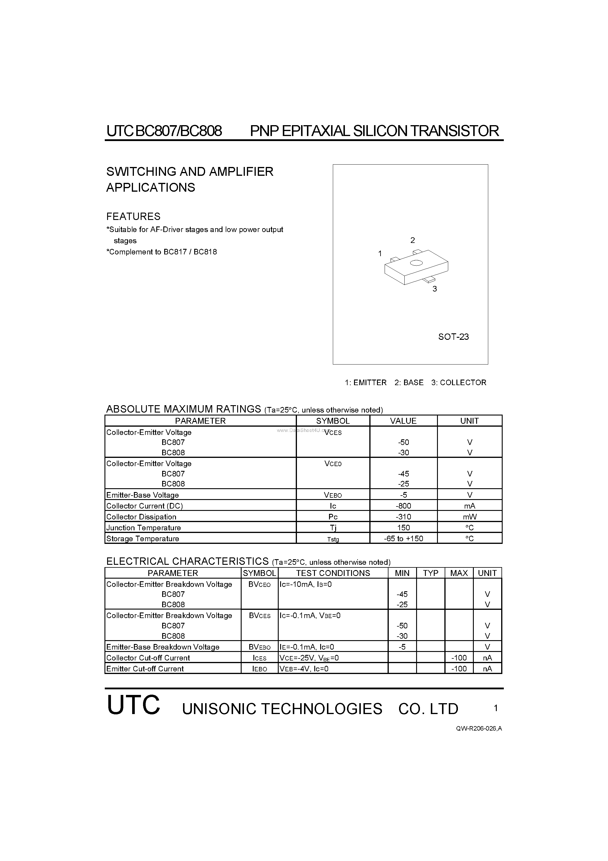 Даташит на микросхему BC807 страница 1 Даташит BC807 - (BC807 / BC808) SWITCHING AND AMPLIFIER APPLICATIONS страница 1