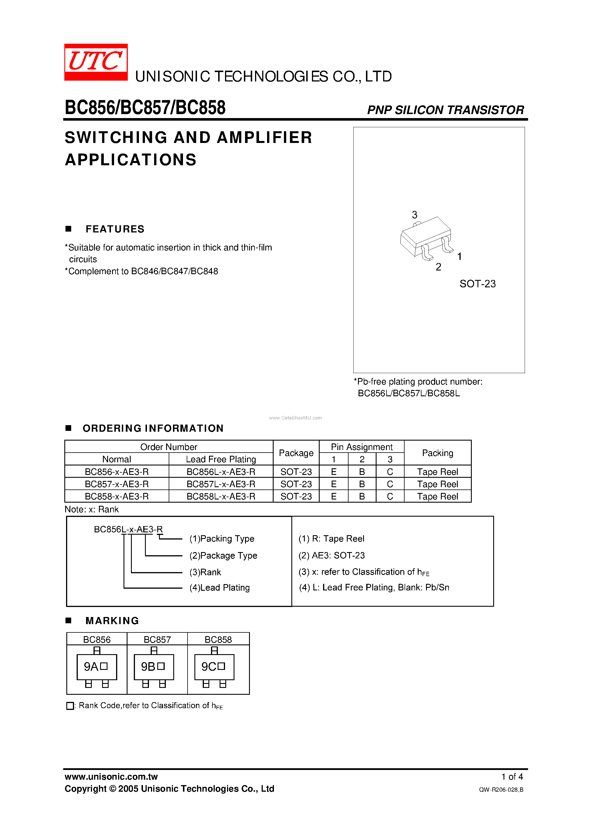 Даташит на микросхему BC856 страница 1 Даташит BC856 - (BC856 - BC858) SWITCHING AND AMPLIFIER APPLICATIONS страница 1