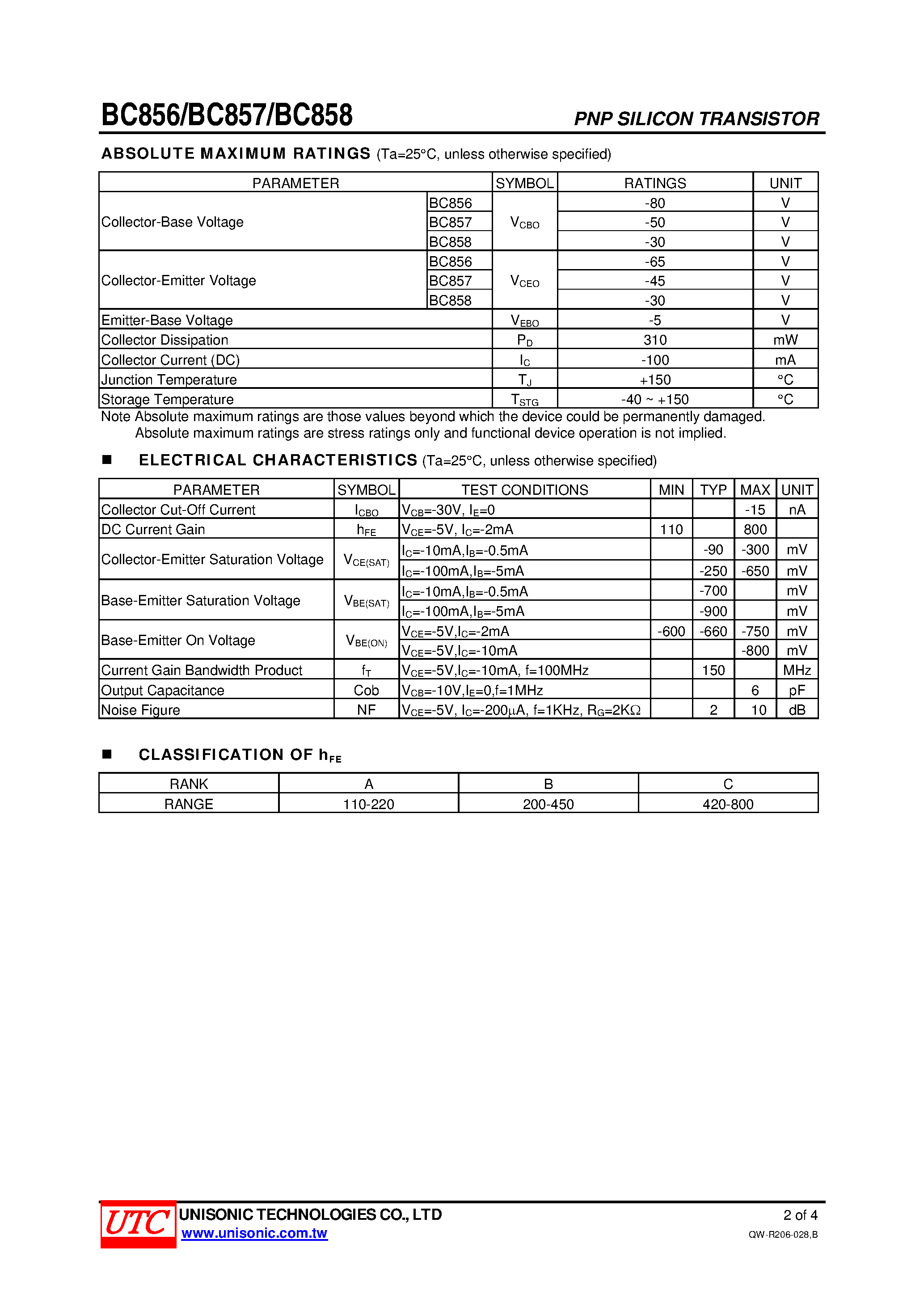 Даташит на микросхему BC856 страница 2 Даташит BC856 - (BC856 - BC858) SWITCHING AND AMPLIFIER APPLICATIONS страница 2