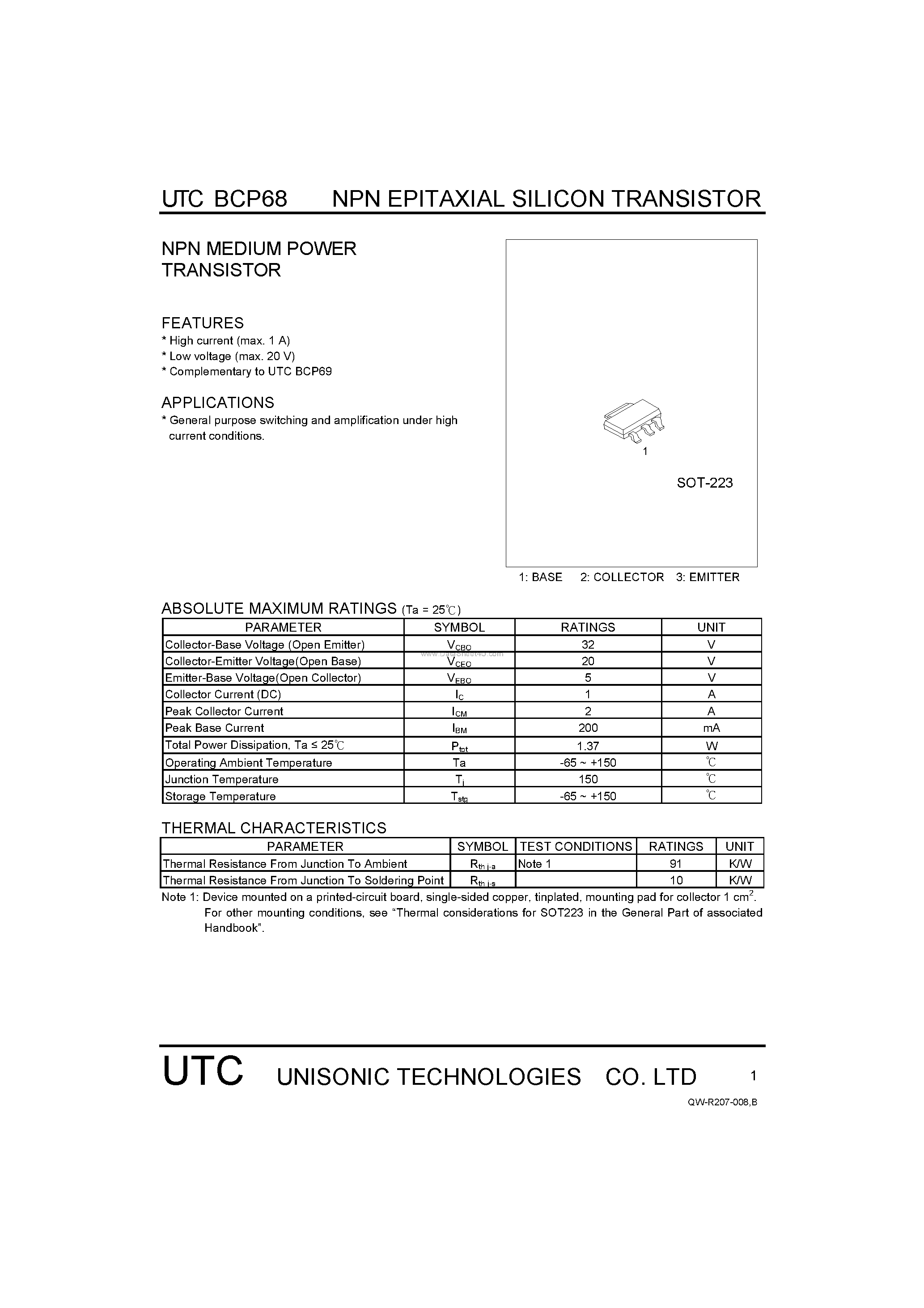 Даташит на микросхему BCP68 страница 1 Даташит BCP68 - NPN MEDIUM POWER POWER страница 1