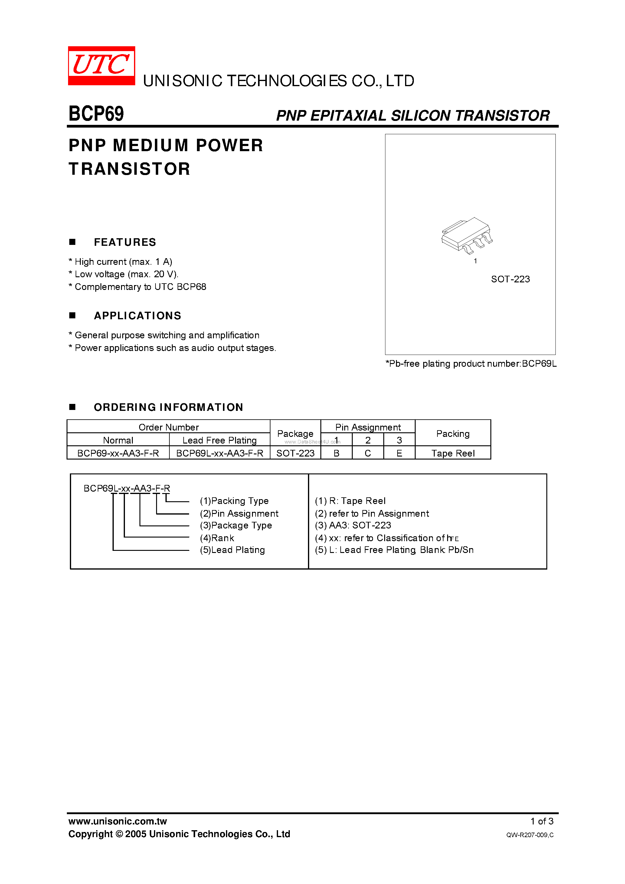 Даташит BCP69 - PNP MEDIUM POWER TRANSISTOR страница 1