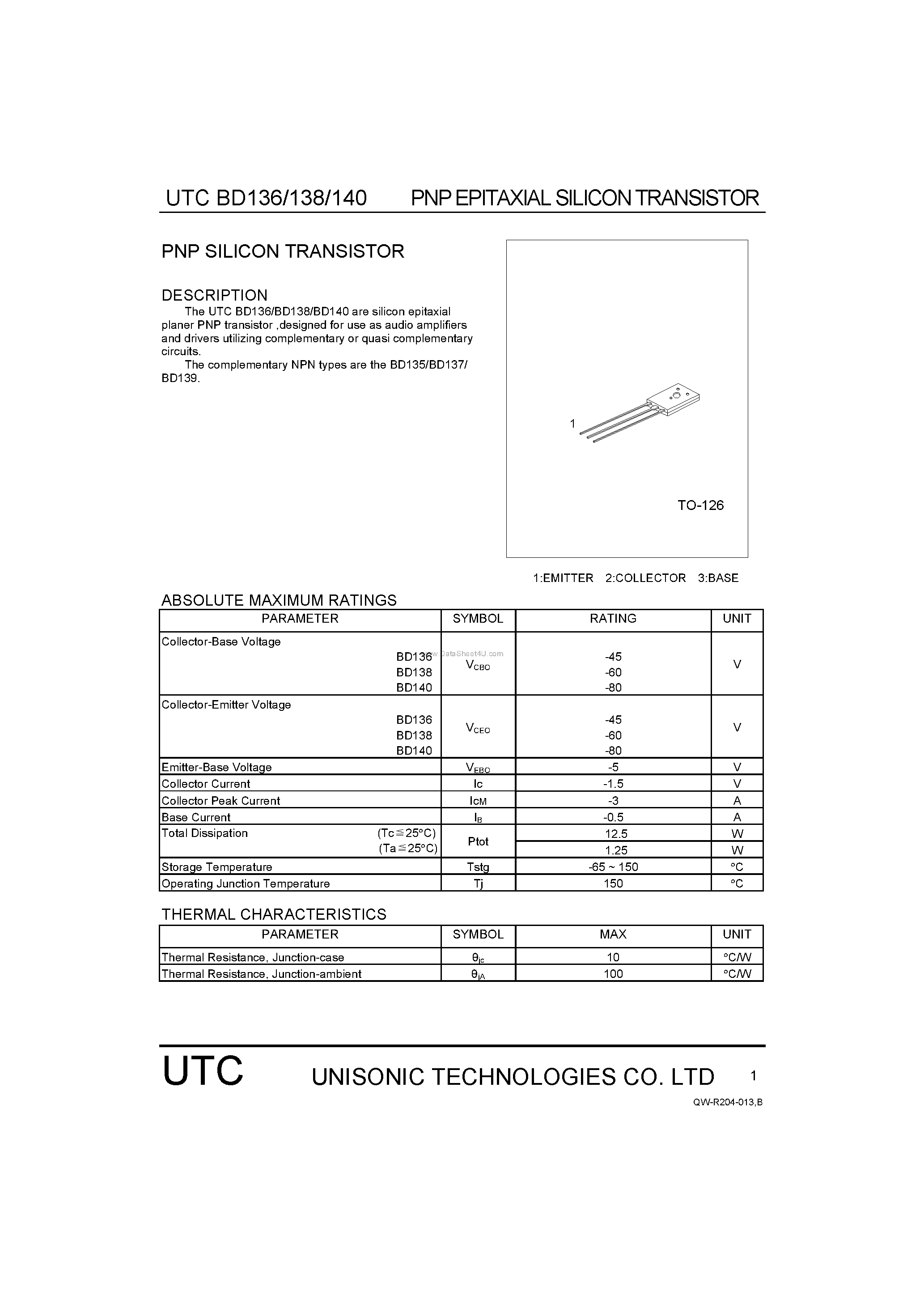Datasheet BD136 page 1 Datasheet BD136 - (BD136 - BD140) PNP SILICON TRANSISTOR page 1