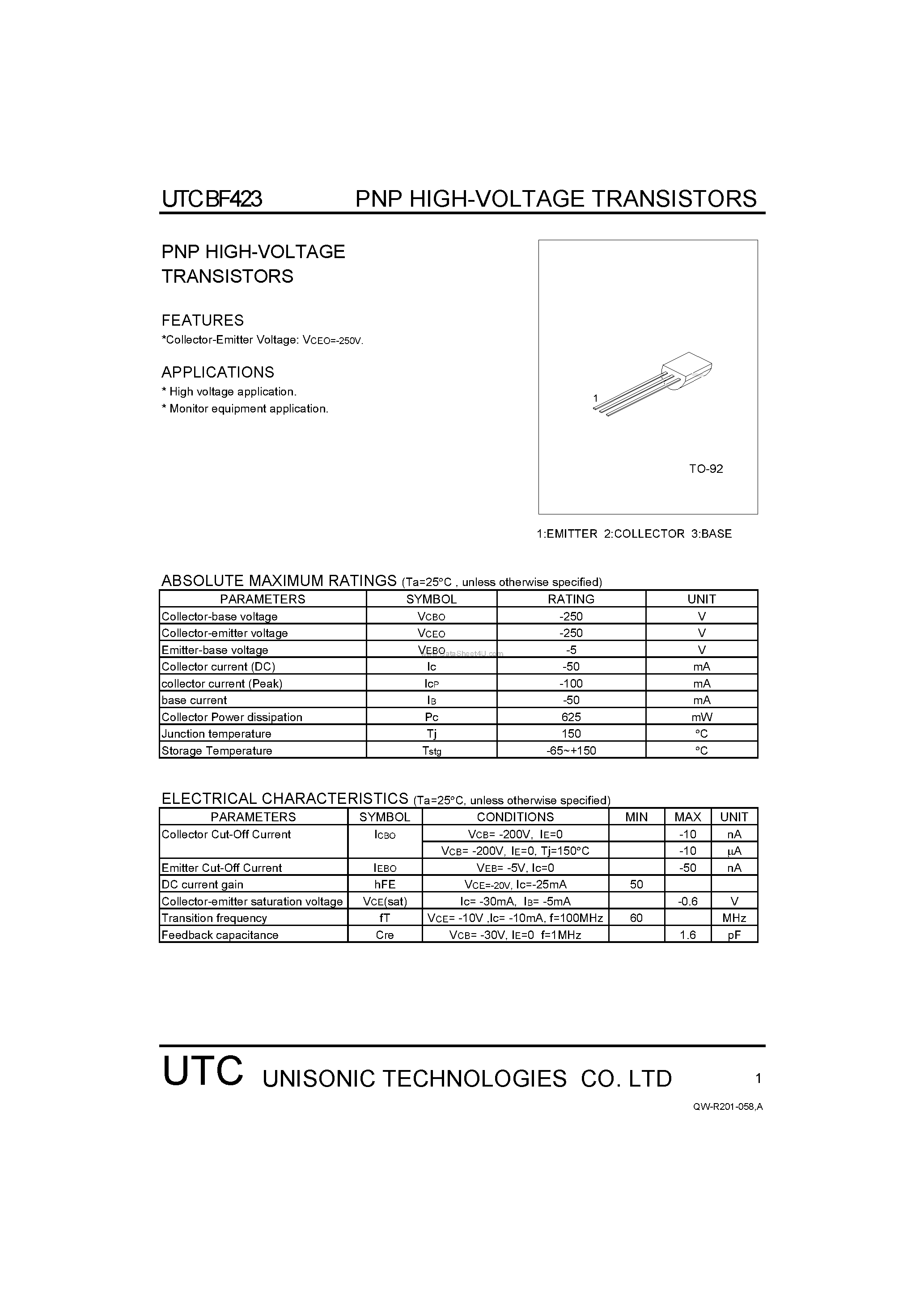 Даташит BF423 - PNP HIGH-VOLTAGE TRANSISTORS страница 1