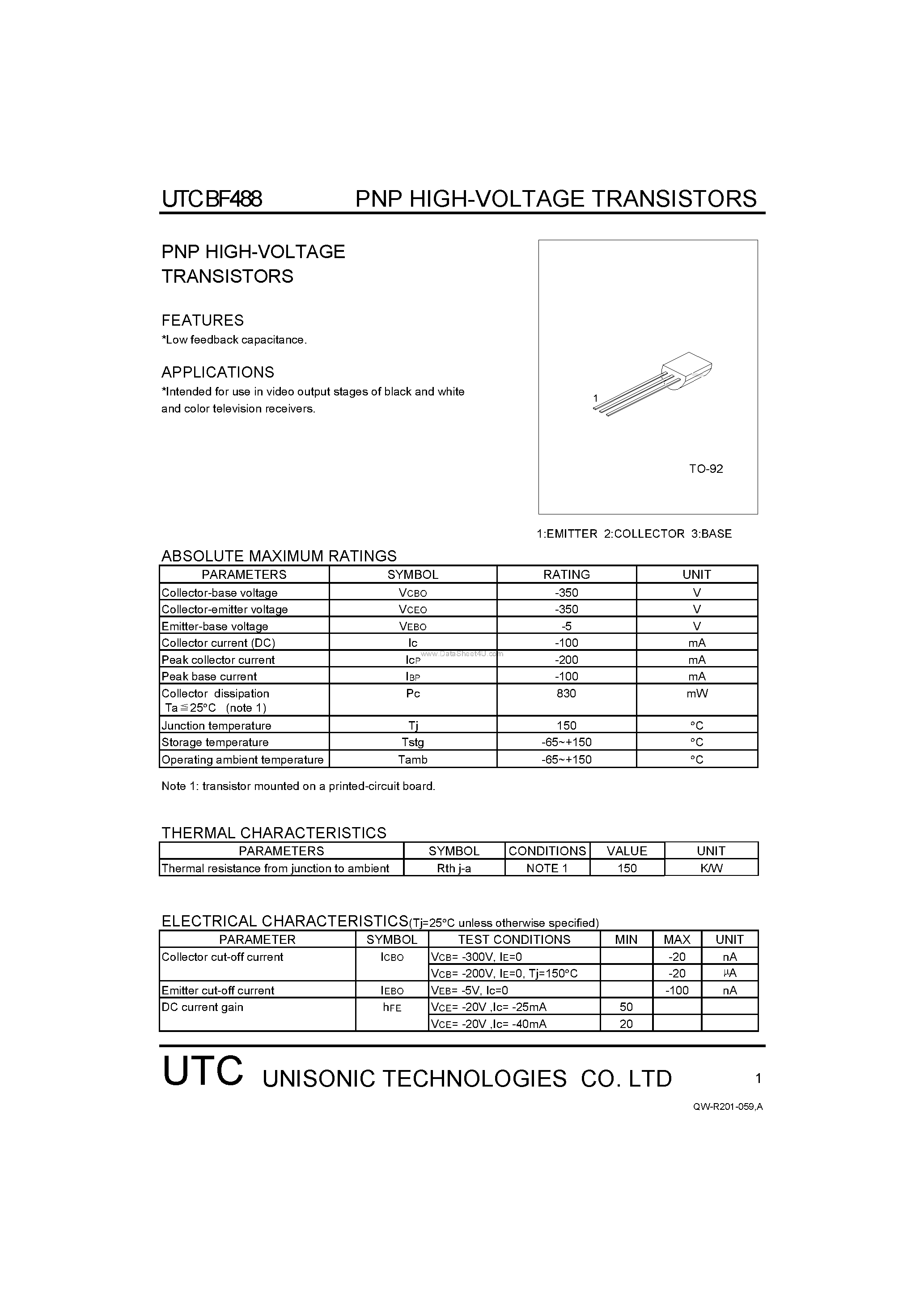 Даташит BF488 - PNP HIGH-VOLTAGE TRANSISTORS страница 1