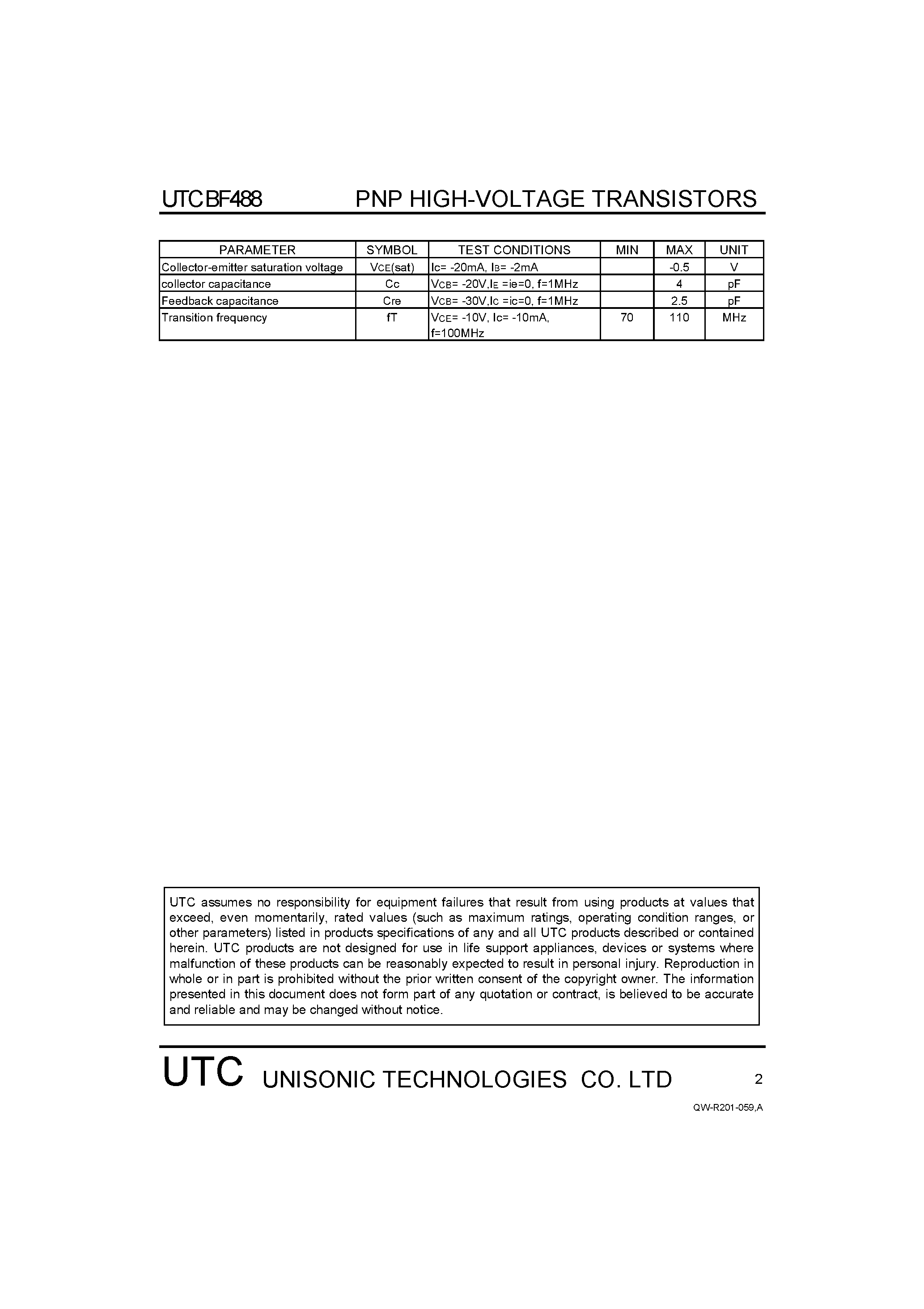 Даташит BF488 - PNP HIGH-VOLTAGE TRANSISTORS страница 2