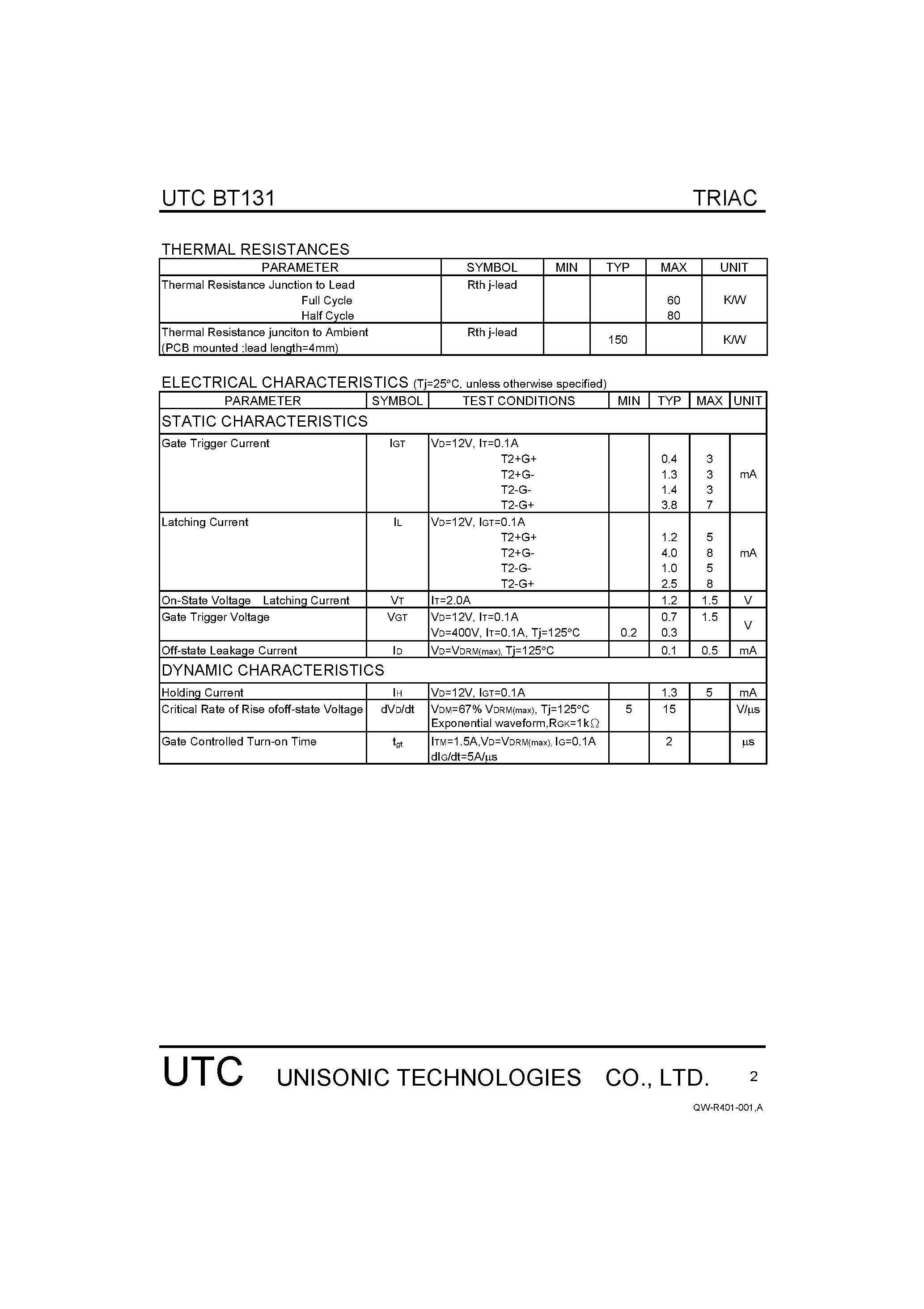 Datasheet BT131 - TRIACS LOGIC LEVEL page 2