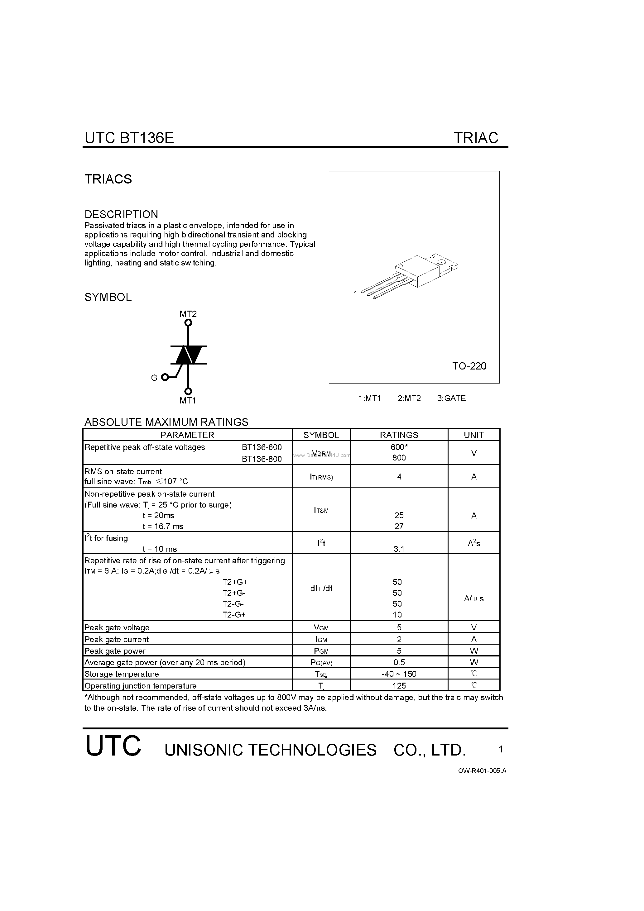 Datasheet BT136E - TRIACS page 1