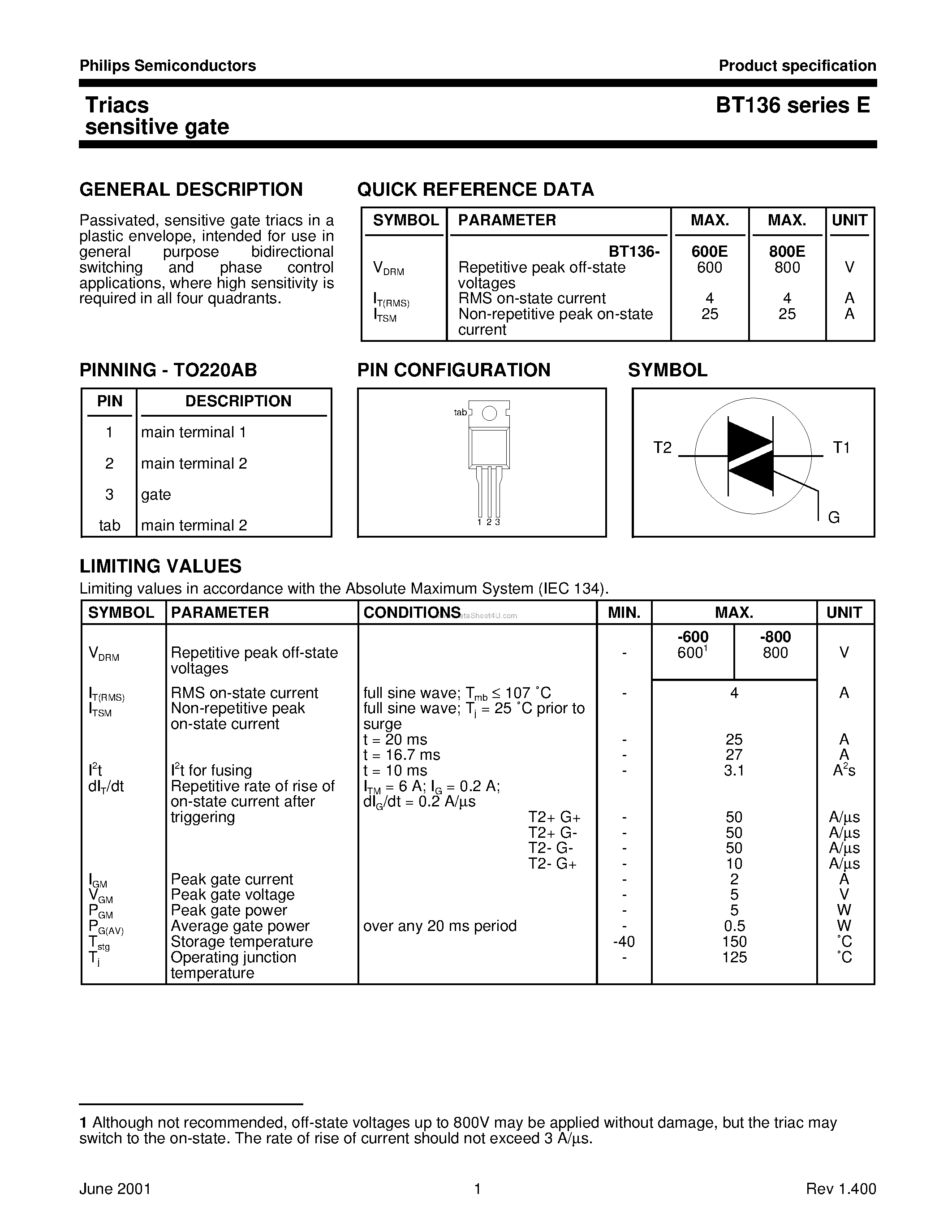 Datasheet BT136E - TRIACS SENSITIVE GATE page 1