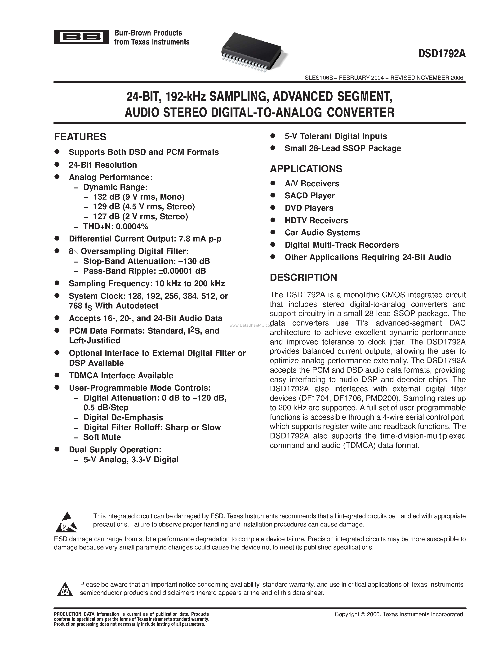 Datasheet DSD1792A page 1 Datasheet DSD1792A - AUDIO STEREO DIGITAL-TO-ANALOG CONVERTER page 1