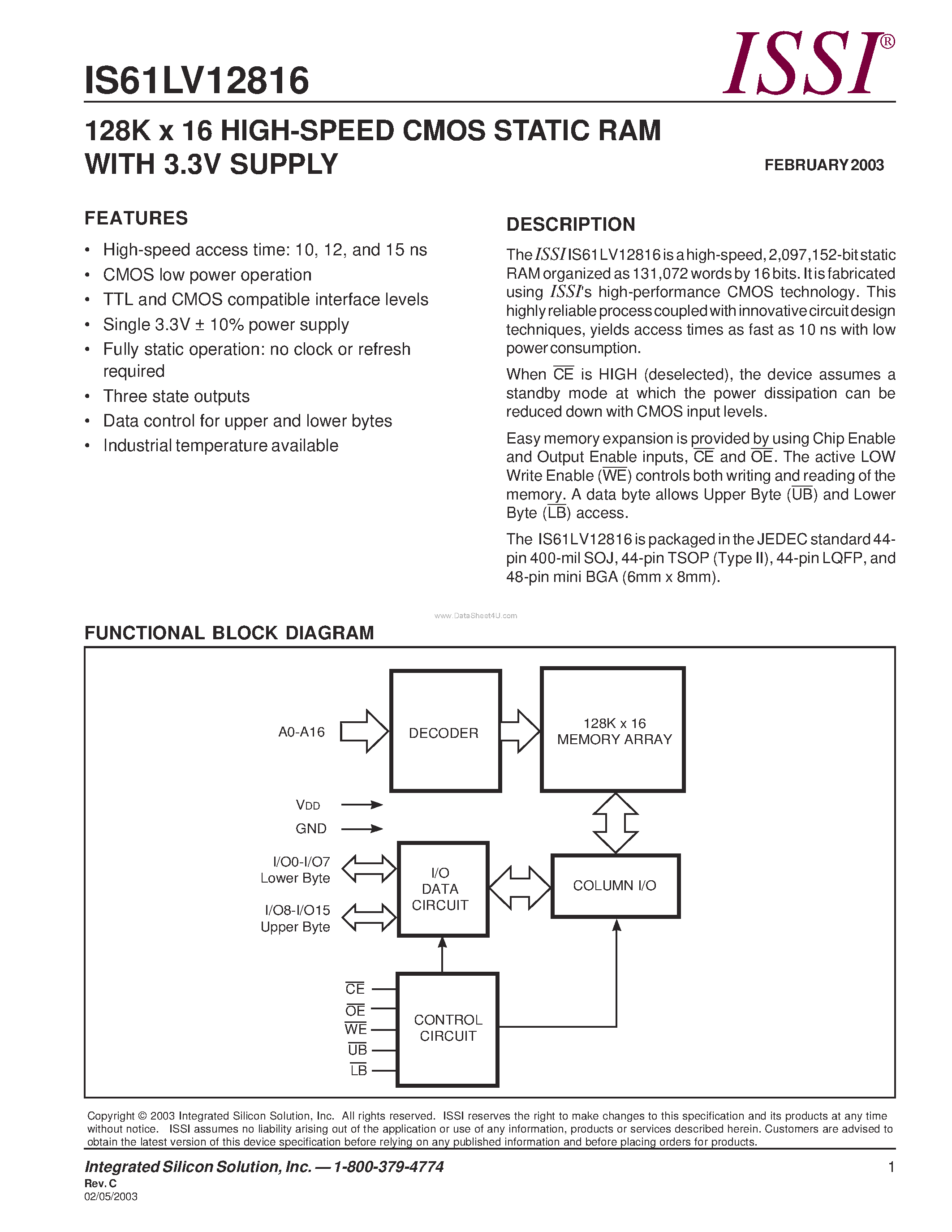 Даташит IS61LV12816 - 128K x 16 HIGH-SPEED CMOS STATIC RAM страница 1