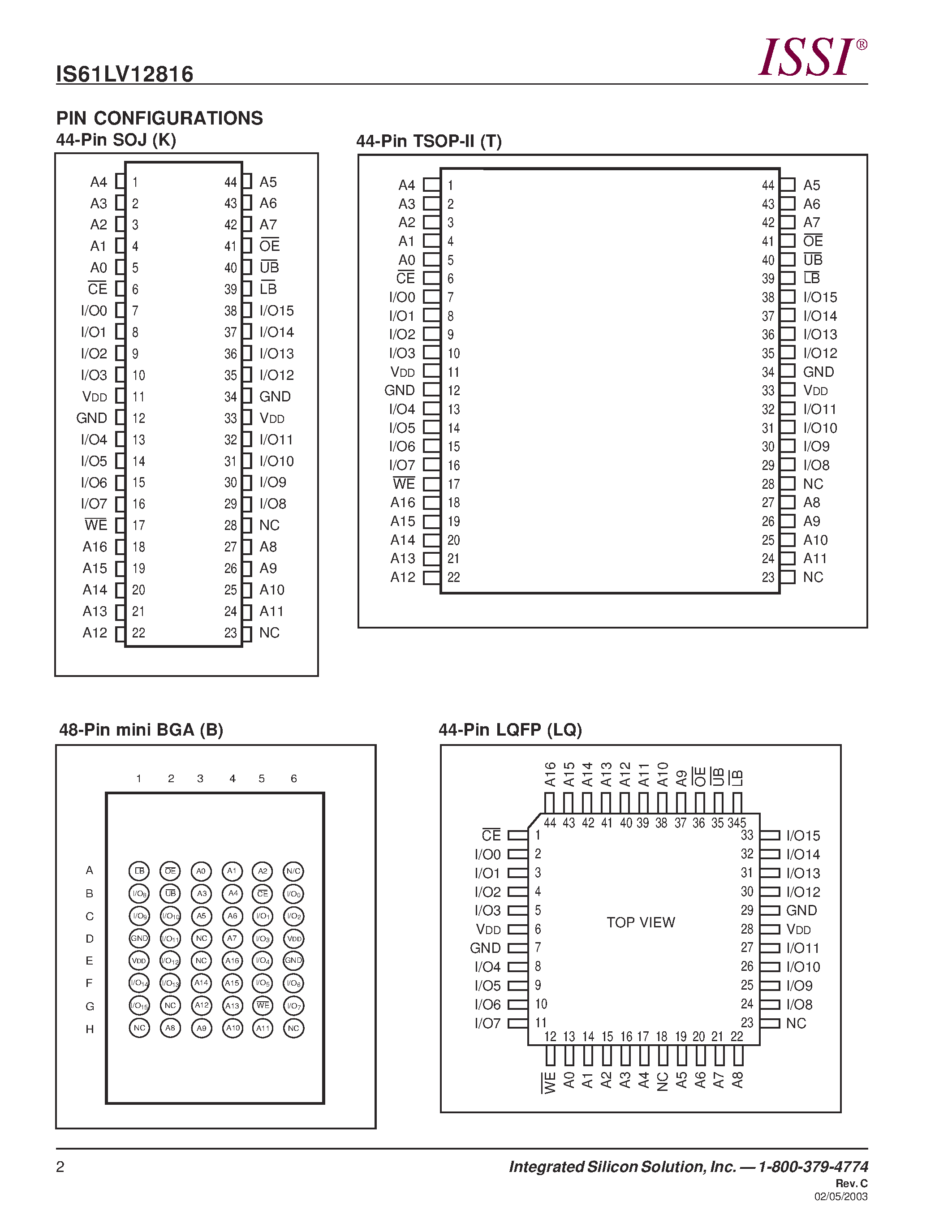 Даташит IS61LV12816 - 128K x 16 HIGH-SPEED CMOS STATIC RAM страница 2