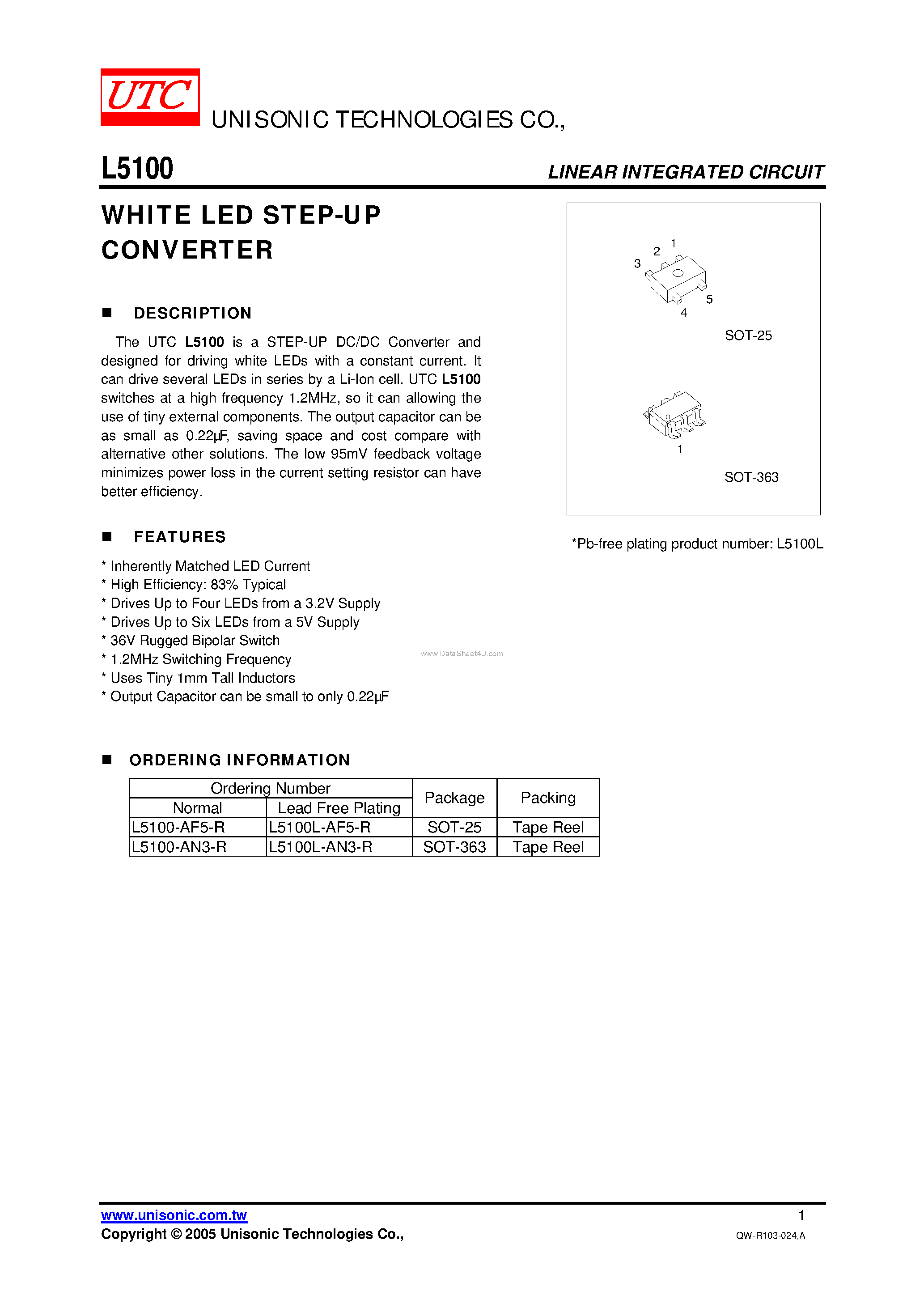 Даташит на микросхему L5100 страница 1 Даташит L5100 - WHITE LED STEP-UP CONVERTER страница 1