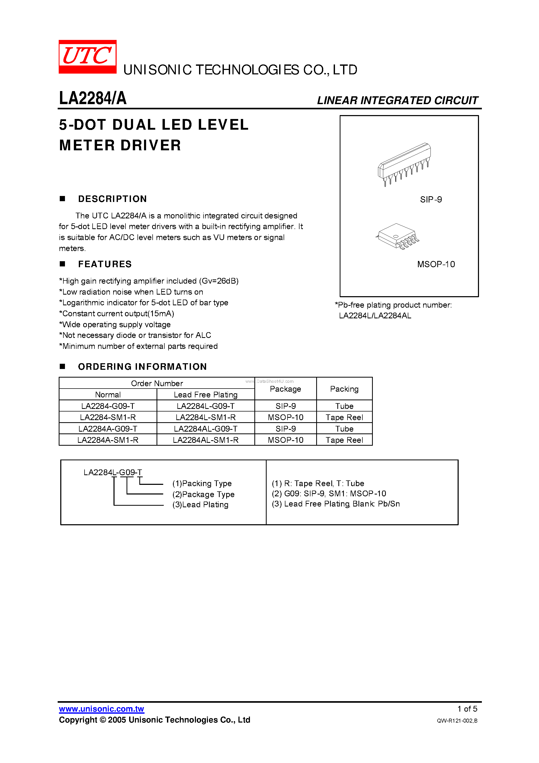 Datasheet LA2284A page 1 Datasheet LA2284A - 5-DOT DUAL LED LEVEL METER DRIVER page 1