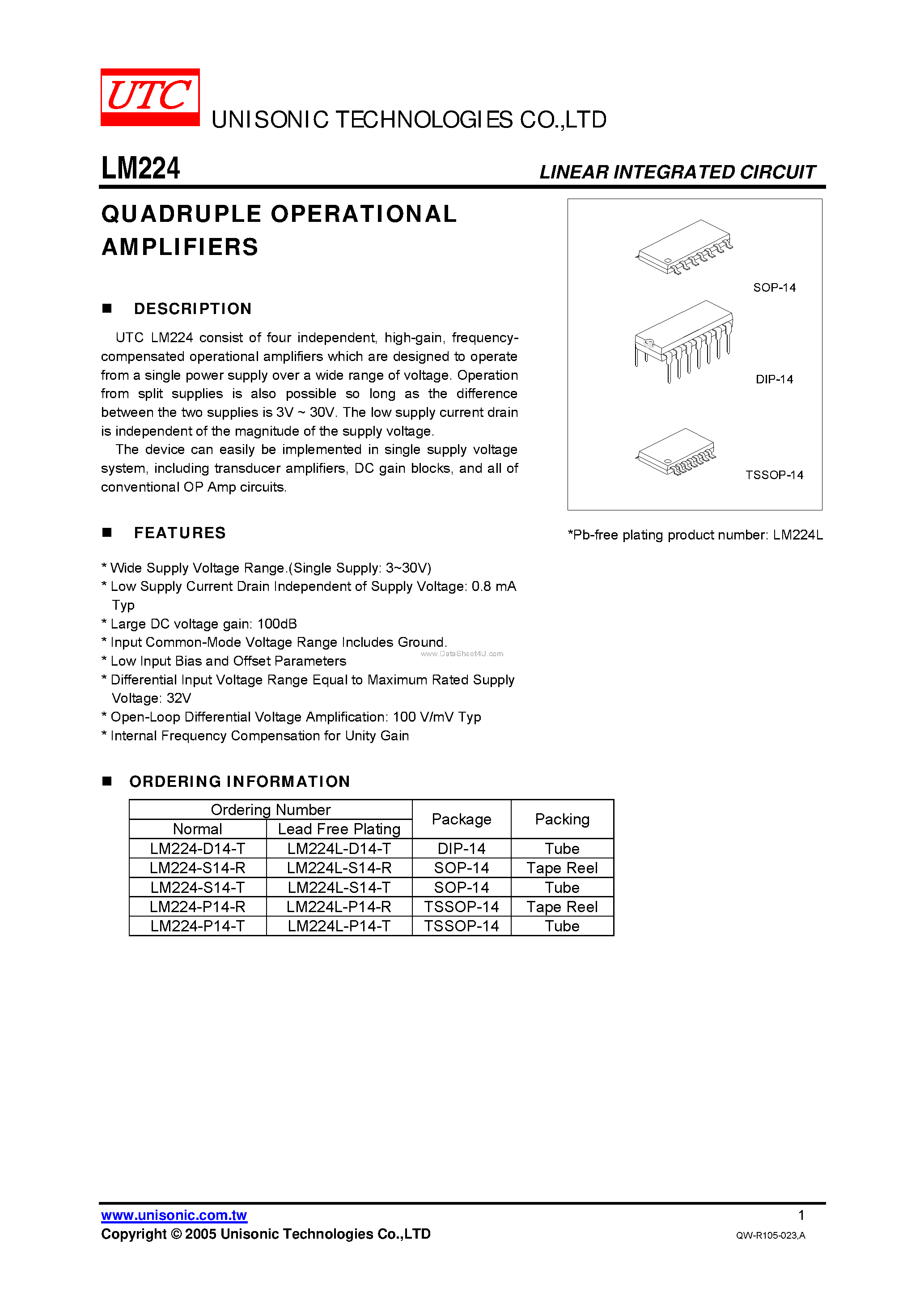 Даташит LM224 - QUADRUPLE OPERATIONAL AMPLIFIERS страница 1