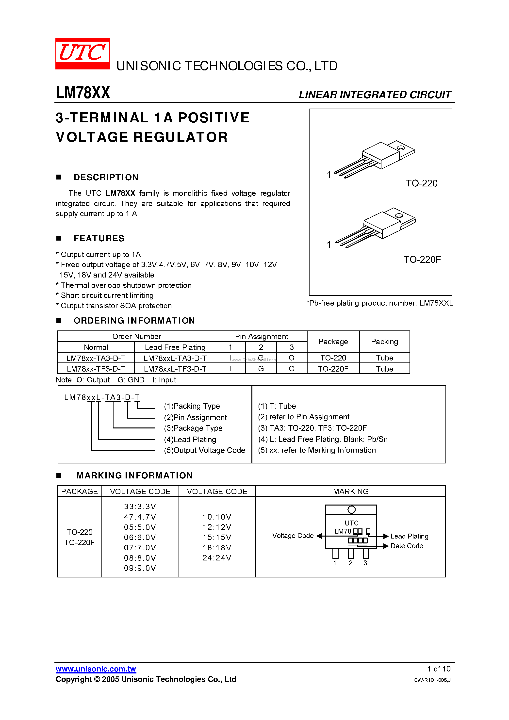 Даташит на микросхему LM78XX страница 1 Даташит LM78XX - 3-TERMINAL 1A POSITIVE VOLTAGE REGULATOR страница 1