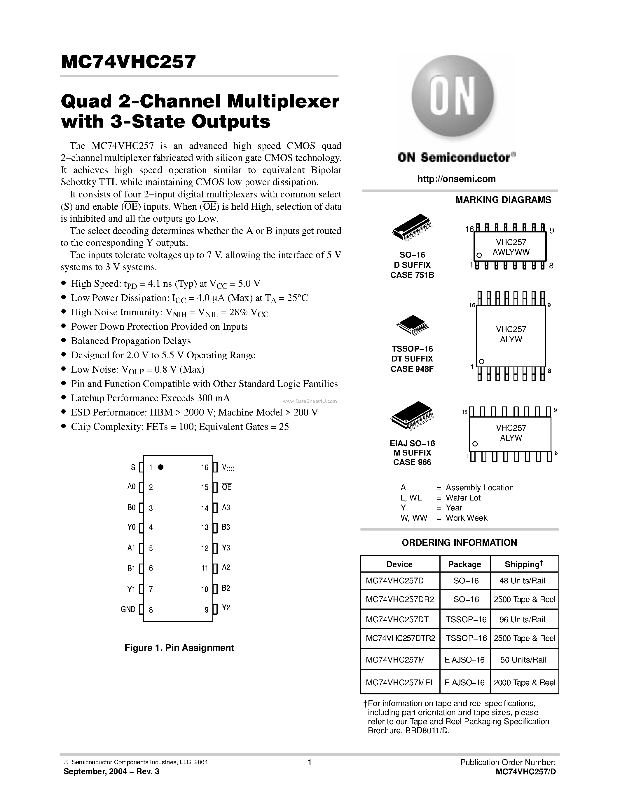 Даташит на микросхему MC74VHC257 страница 1 Даташит MC74VHC257 - Quad 2-Channel Multiplexer страница 1