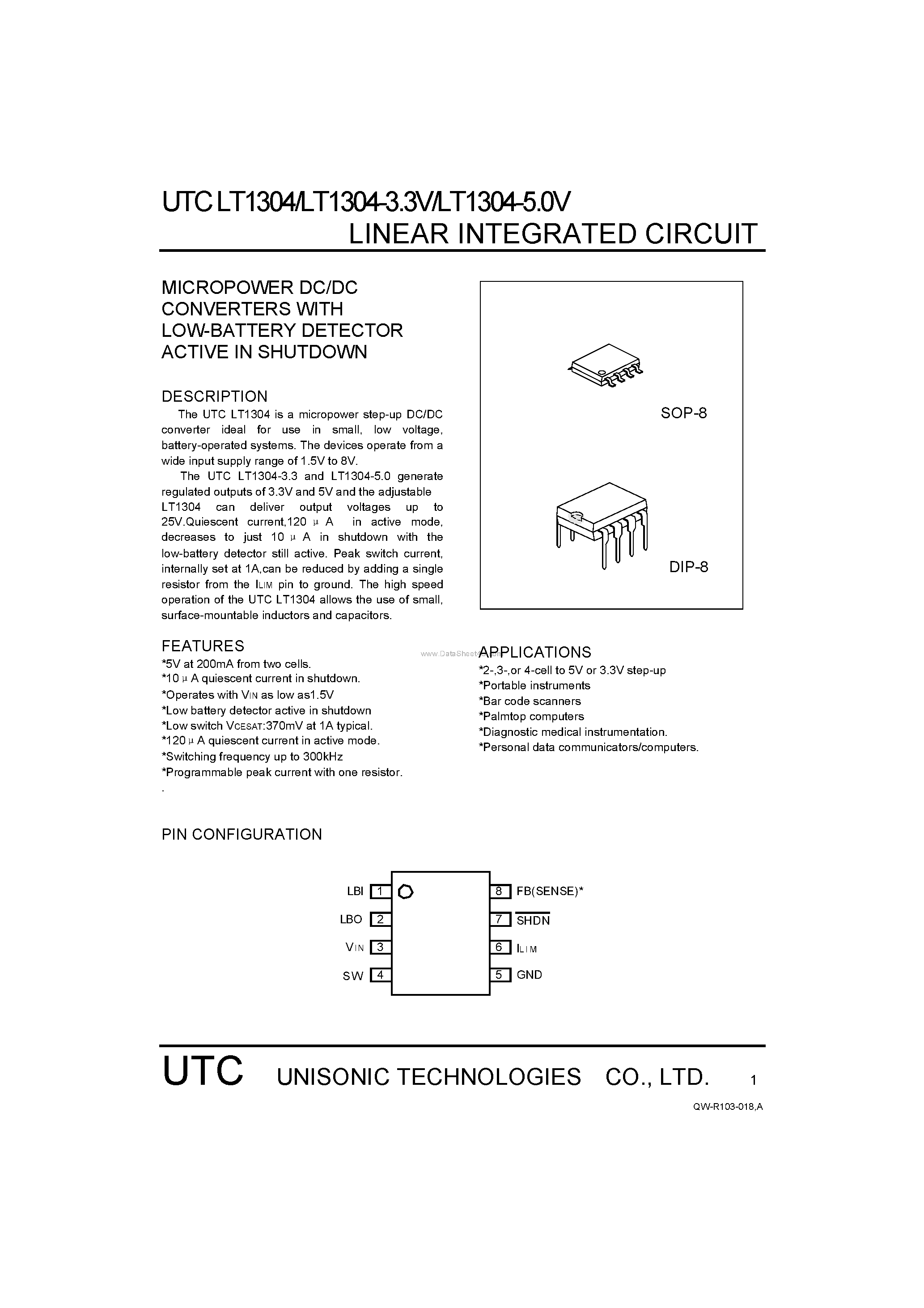 Datasheet LT1304 page 1 Datasheet LT1304 - MICROPOWER DC/DC CONVERTERS page 1