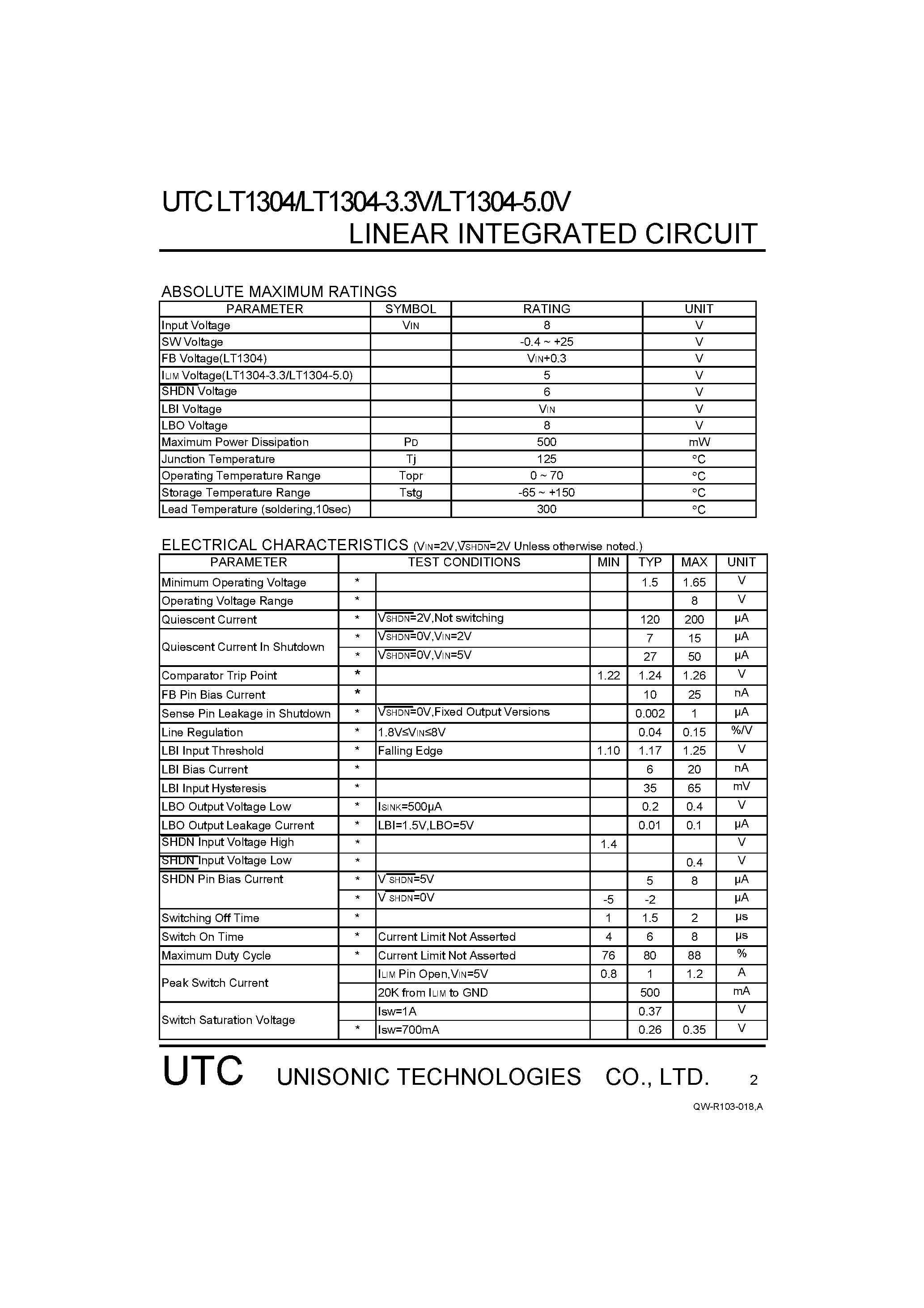 Datasheet LT1304 page 2 Datasheet LT1304 - MICROPOWER DC/DC CONVERTERS page 2
