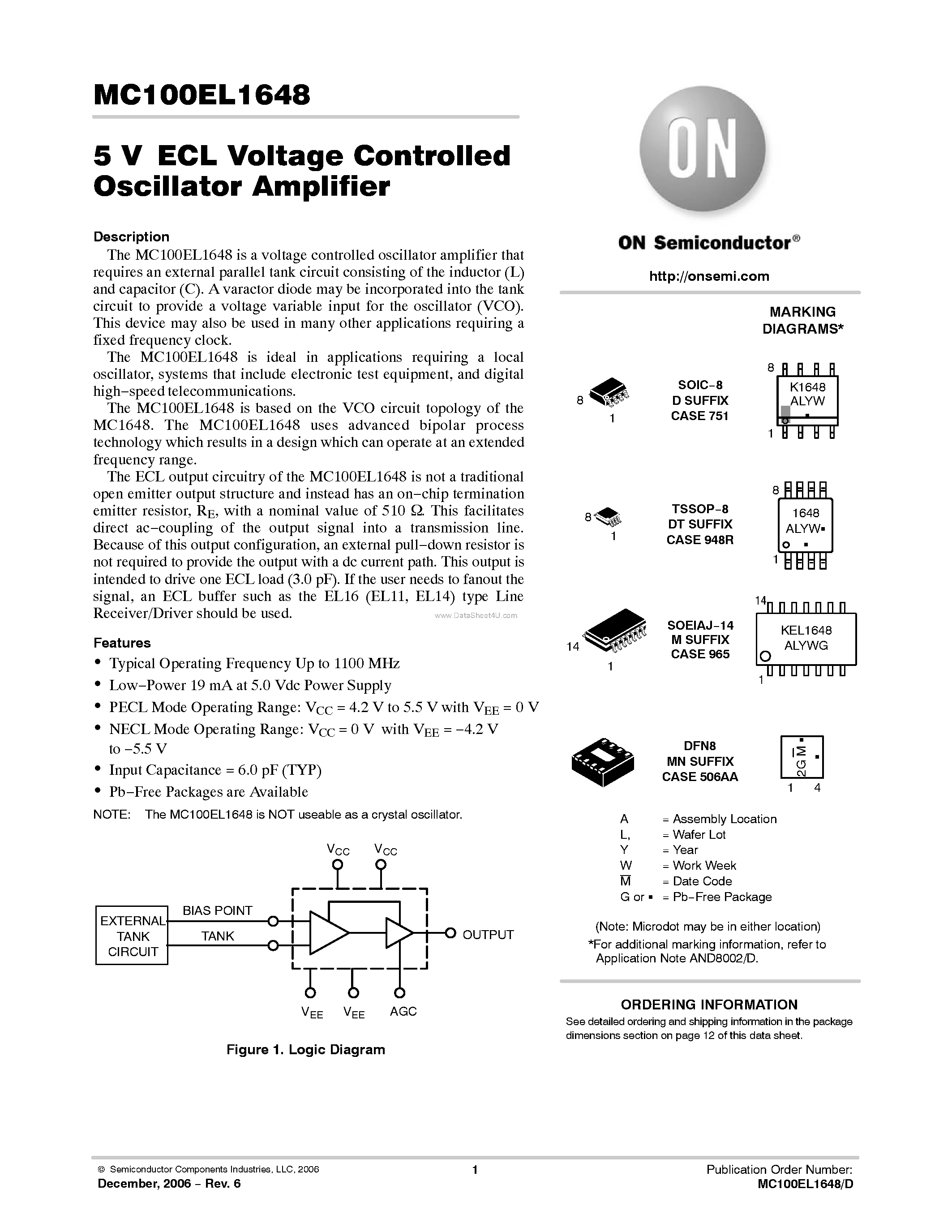 Даташит на микросхему MC100EL1648 страница 1 Даташит MC100EL1648 - Oscillator Amplifier страница 1