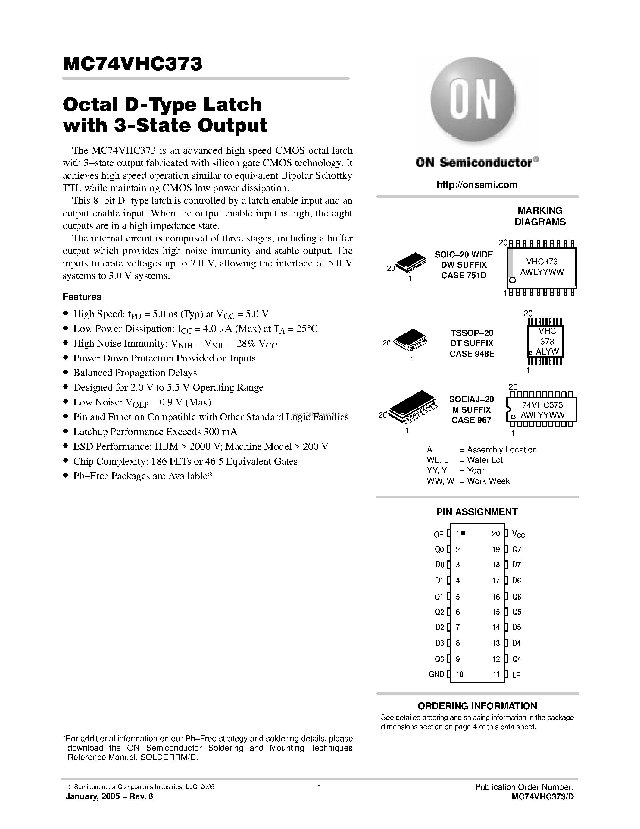 Даташит на микросхему MC74VHC373 страница 1 Даташит MC74VHC373 - Octal D-Type Latch страница 1