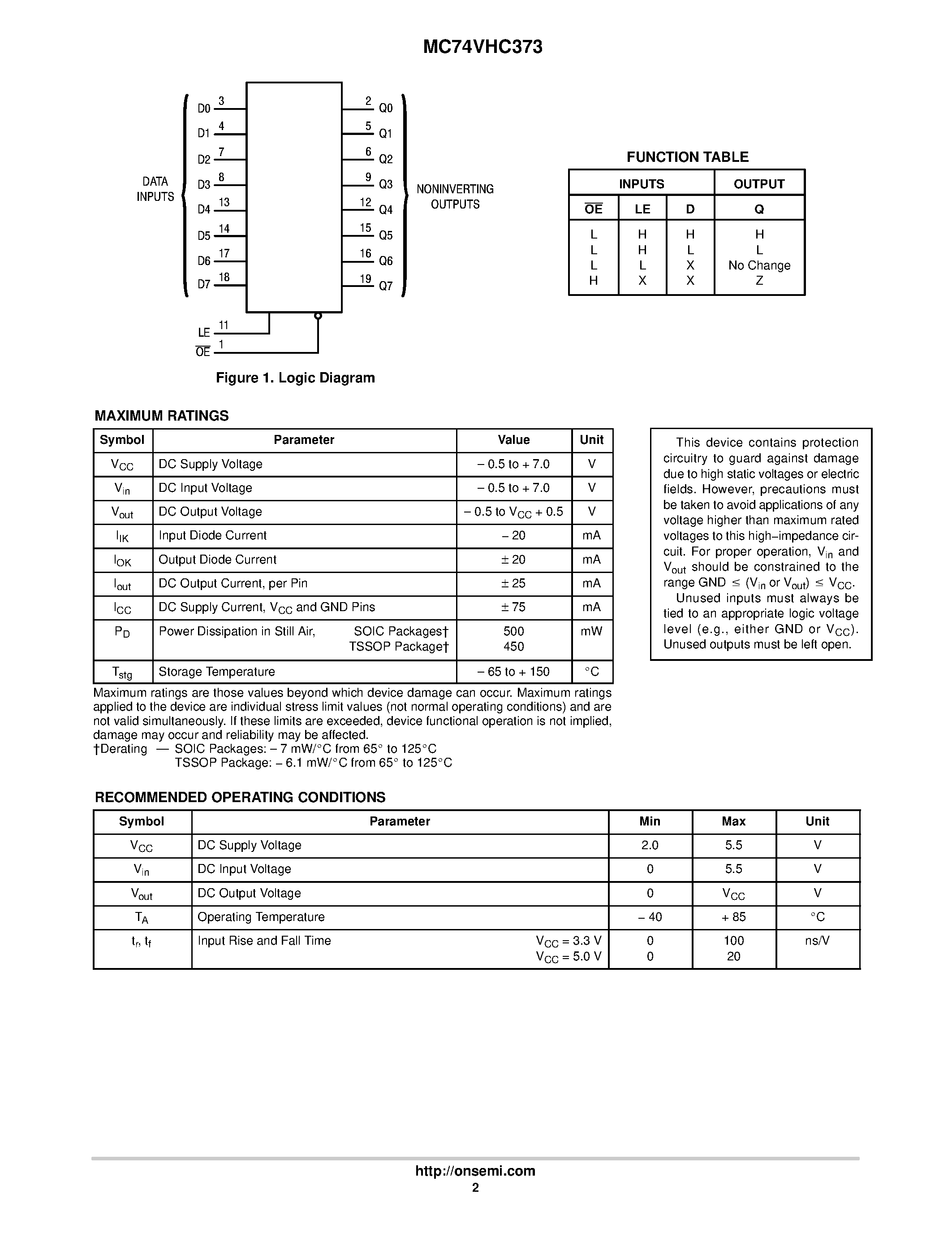 Даташит на микросхему MC74VHC373 страница 2 Даташит MC74VHC373 - Octal D-Type Latch страница 2