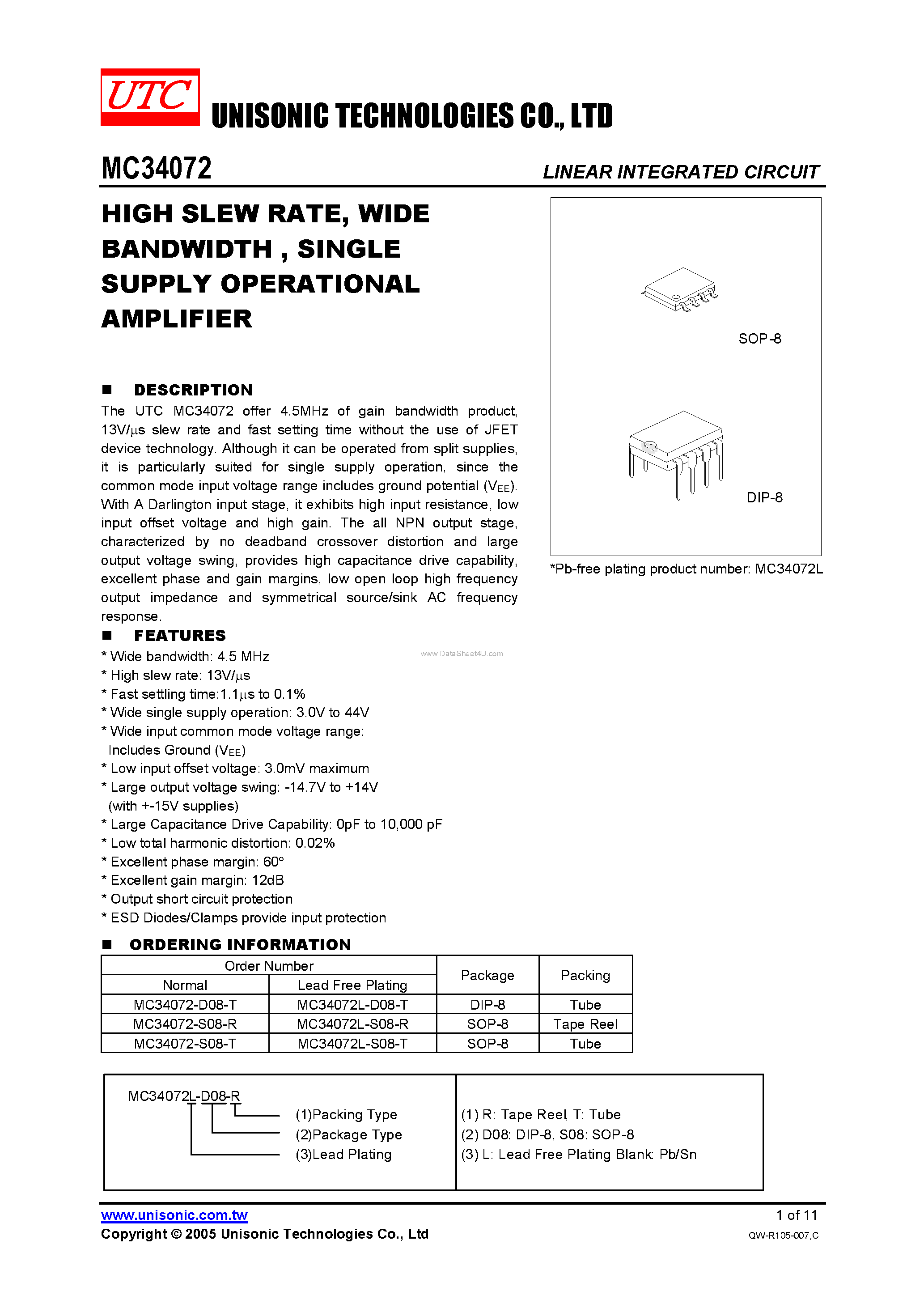 Datasheet MC34072 - SINGLE SUPPLY OPERATIONAL AMPLIFIER page 1