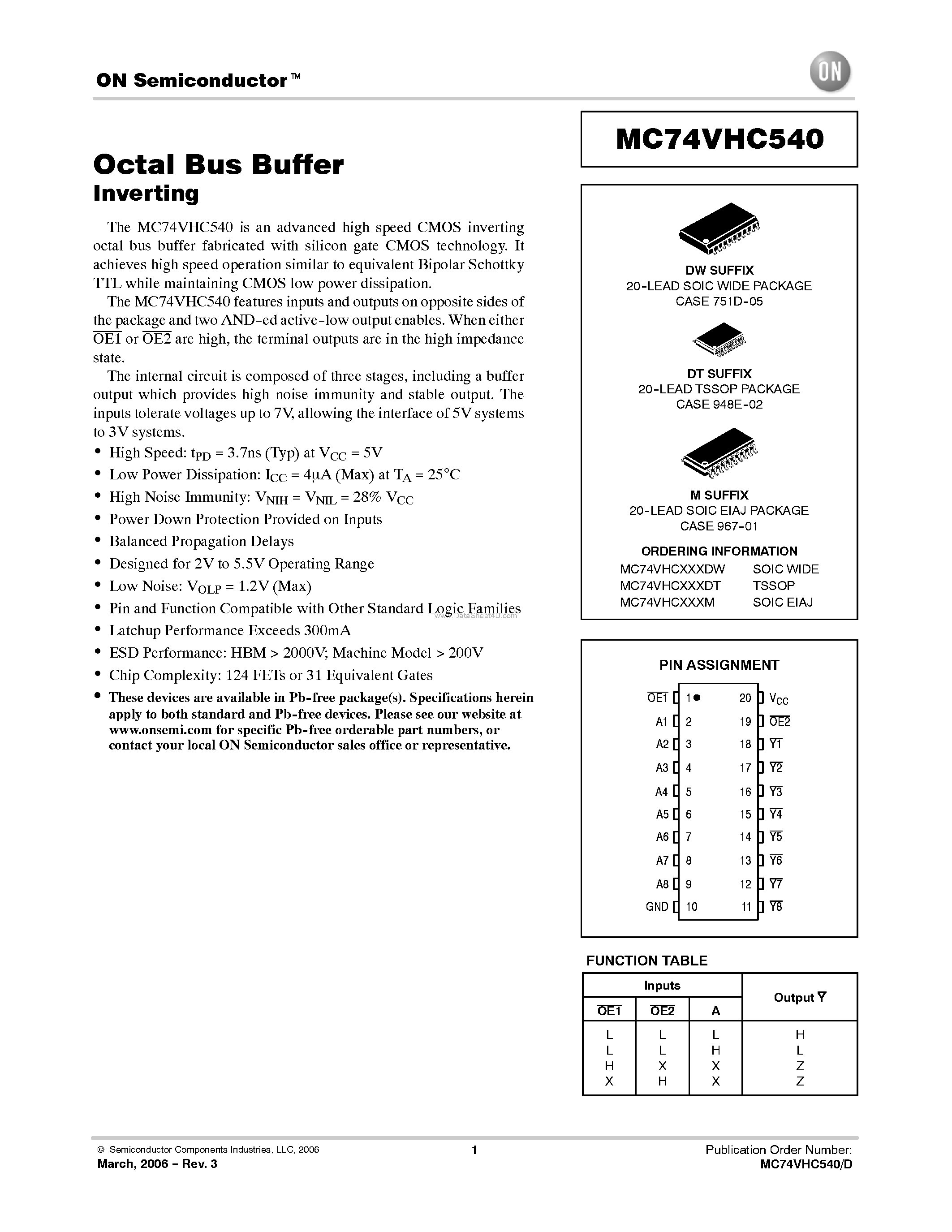 Даташит на микросхему MC74VHC540 страница 1 Даташит MC74VHC540 - Octal Bus Buffer Inverting страница 1