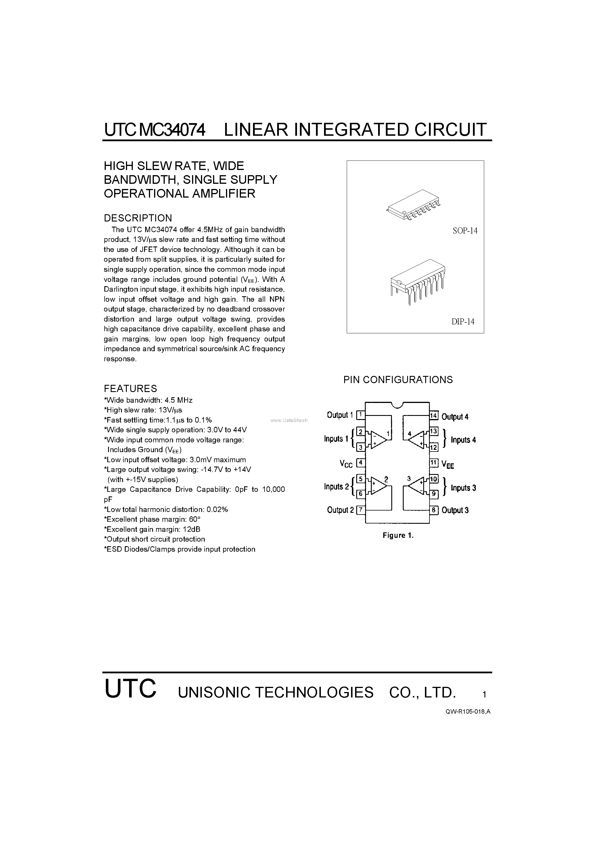 Datasheet MC34074 - SINGLE SUPPLY OPERATIONAL AMPLIFIER page 1