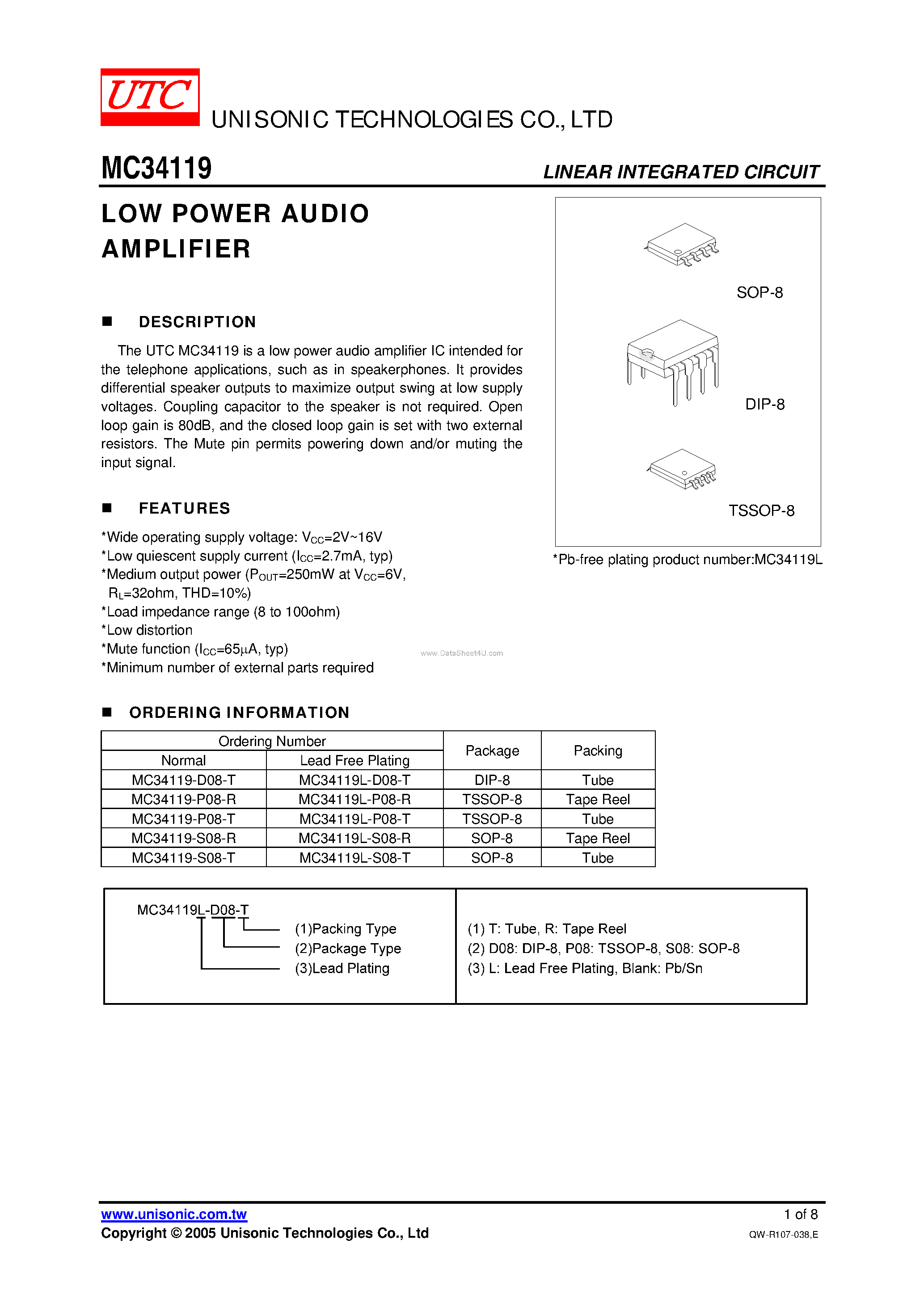 Даташит на микросхему MC34119 страница 1 Даташит MC34119 - LOW POWER AUDIO AMPLIFIER страница 1